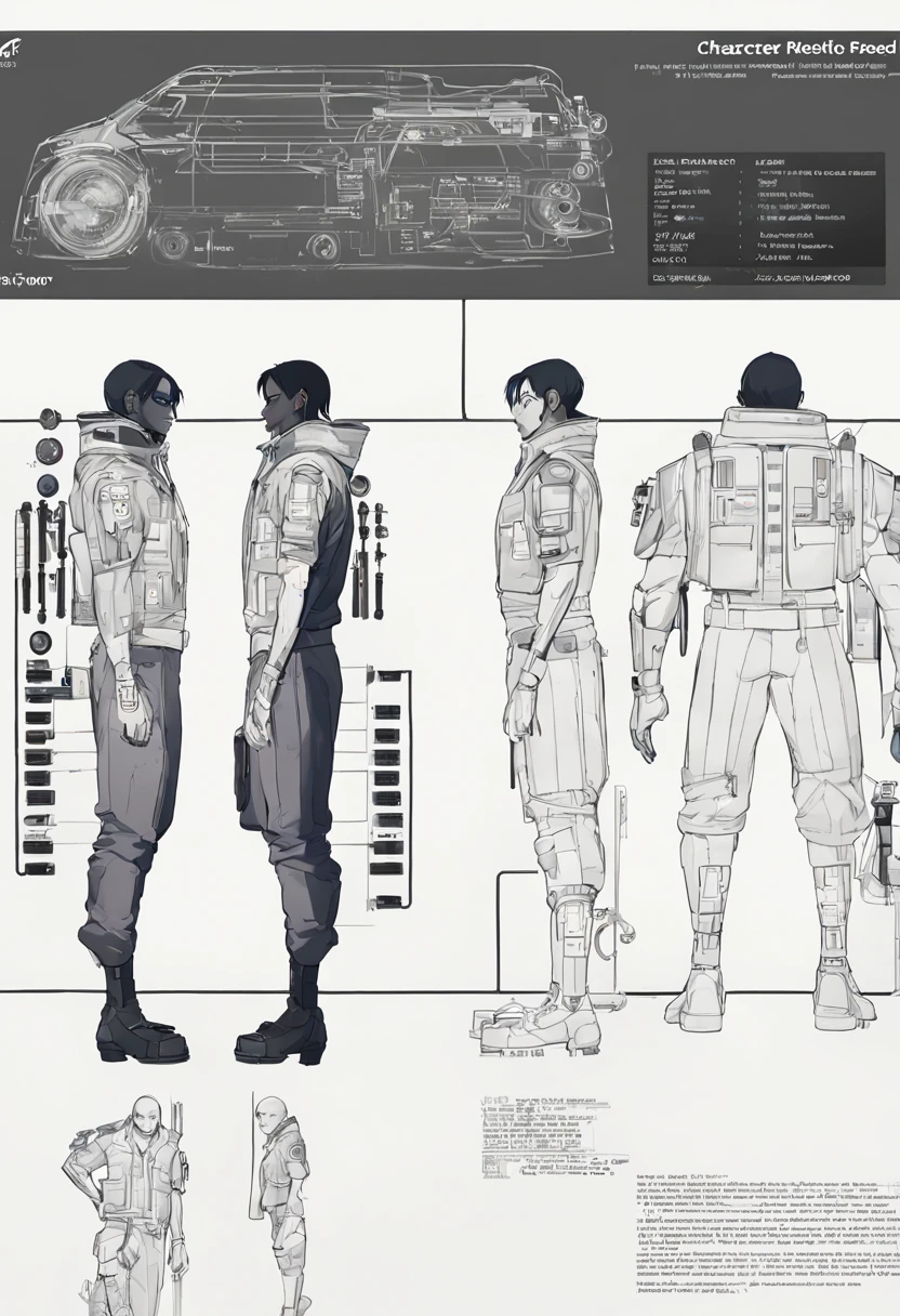 character reference sheet {Realistic character design sheet for a cyberpunk hacker, neon-lit Tokyo background, full body pose with dynamic lighting, side profile emphasizing cybernetic implants, detailed keyboard and holographic displays, camera used: Canon EOS R3, Focal length 35mm} . turnaround views, detailed , color palette, multiple poses, highly detailed, multiple views of the same character, model sheet, character sheet