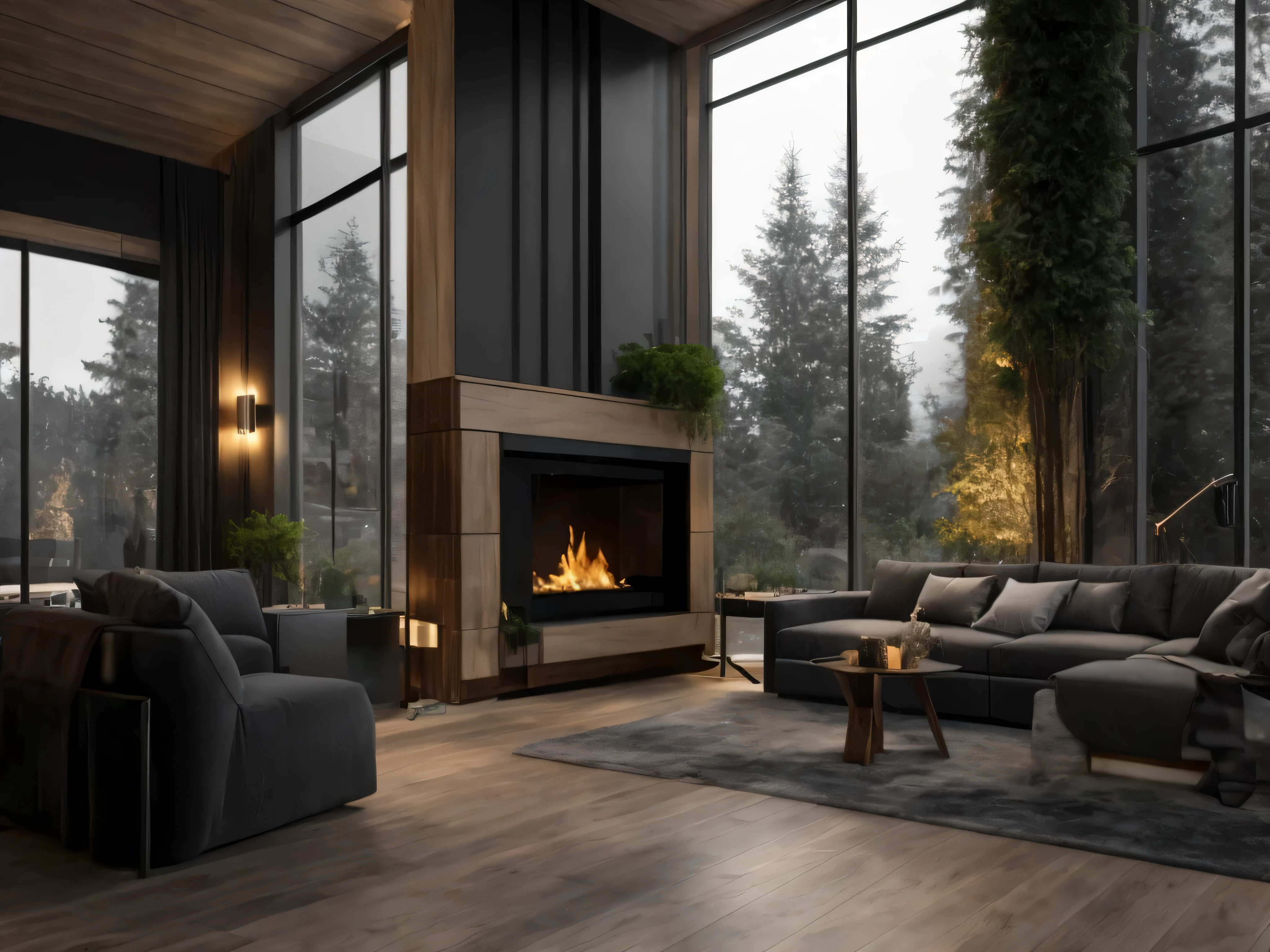 arafed living room with a fireplace and a couch and chairs, cozy contemporary living room, cozy environment, natural realistic render, enscape render, realistic physical rendering, warm interior, luxcore render, product render, warm living room, vray 8k render, luxury hd render, high quality 3d render, high quality 3 d render, dramatic rendering