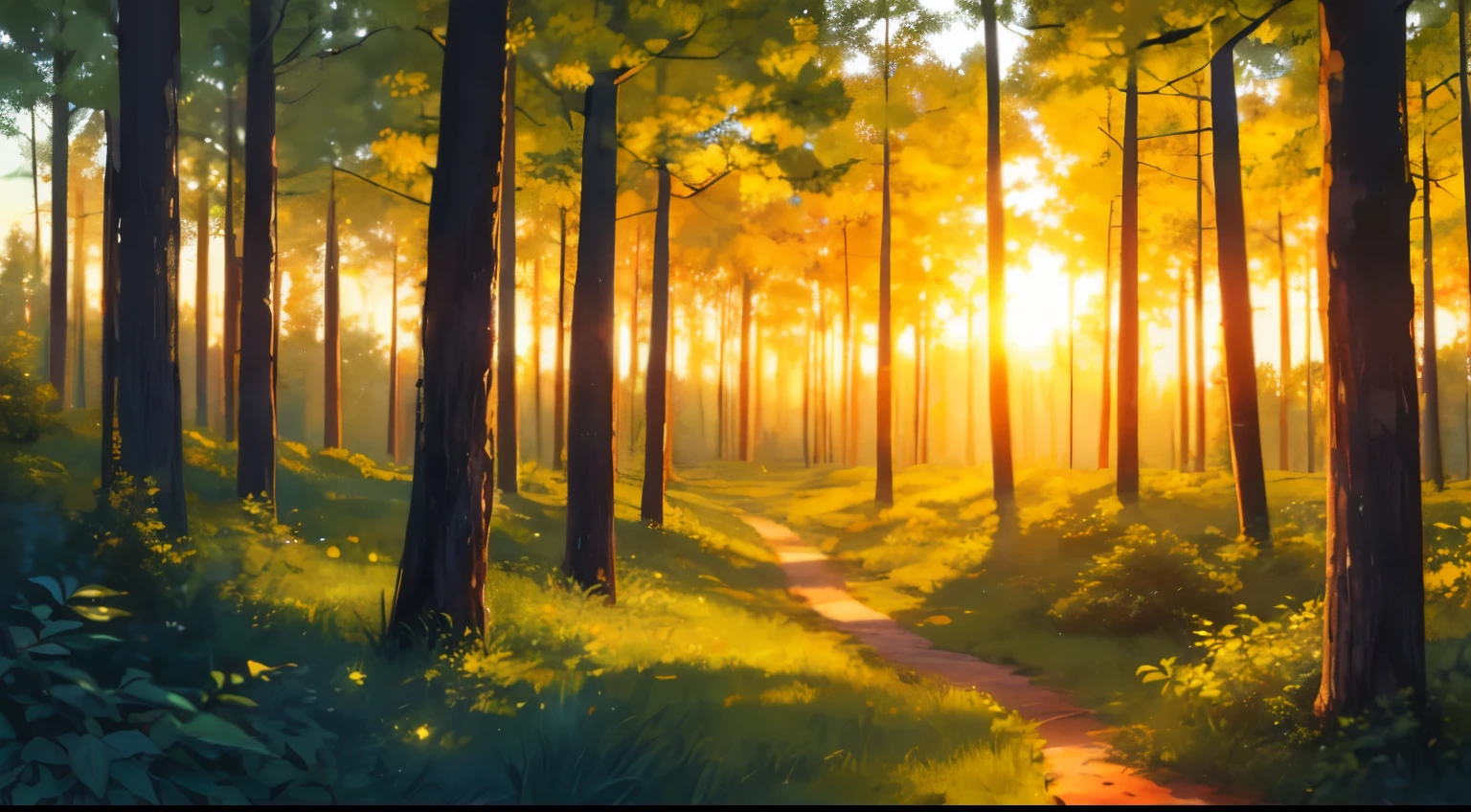relax, dreamy, sunset, forest, unmanned. The scenery is enveloped in the silence of the late night.、the color is green, orange, warm, fresh air