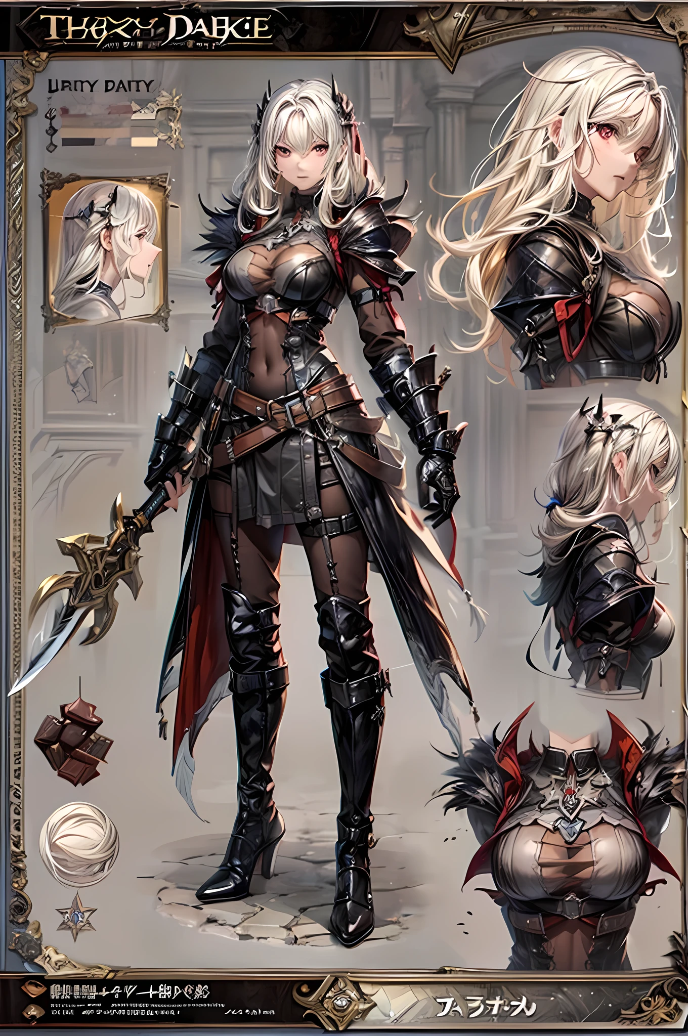 (character design sheet: 1.5) by larry elmor, extremely beautiful female vampire, blond hair, long hair, red eyes, pale skin, wearing intricate dress, holding a (sword: 1.1), high details, best quality, 16k, RAW, [best detailed], masterpiece, best quality, (extremely detailed), full body, ultra wide shot, photorealistic, dark fantasy art, goth art, RPG art, D&D art, aHigh Detail, Ultra High Quality, High Resolution, 16K Resolution, Ultra HD Pictures, Ultra Realistic, Clear Details, Realistic Detail, Ultra High Definition hihelz