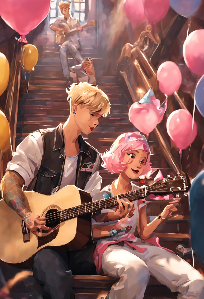 justin bieber, blonde and with shaved hair, sitting on a theater staircase playing guitar and singing. next to him is a woman with short pink hair, chef de confeitaria, olhos azuis, holding a birthday balloons.