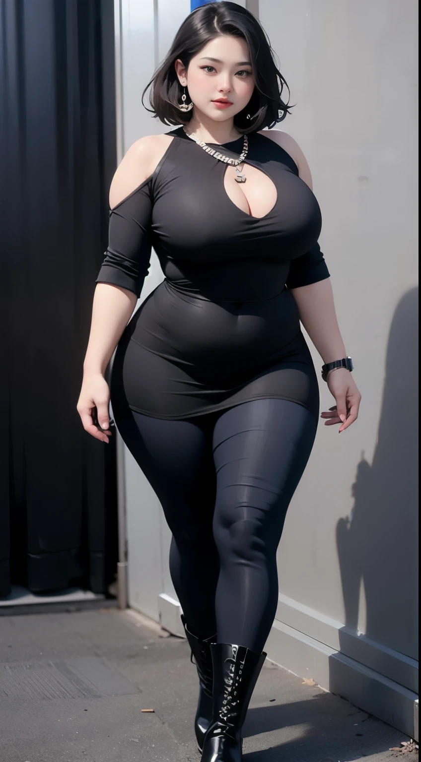 ((best quality)), ((masterpiece)), (detailed), perfect face, chubby woman, chubby face , chubby girl , widest hips , fat belly , thick neck ,, thicc , thick body , thick thighs , thick arm, small breasts but her body is a chubby, full body view, dark-black room, black bokeh background, tight dress, wearing boots, short hairstyle, diamond necklace, wearing a watch, tall woman, restore face, white skin , longest tight pants , glasses , cold vibes, , 4k resolution, japanese goddess,voluptuous, looking at viewer