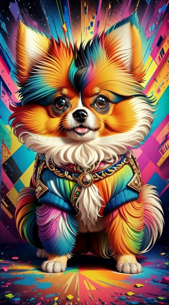 (Cachorro pomeranian de pelos curtos brancos e pretoelhor pose),(best angle), (better expression), Eduardo Kobra acolchoamento ,multidimensional geometric wall PORTRAIT, arte, Chibi, Yang08k, lindo, Colouring, Primary works, qualidade superior, melhor qualidade, Arte Oficial, Beautiful and Aesthetic, pelos coloridos,