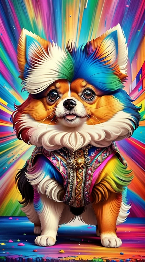 (Cachorro pomeranian de pelos curtos brancos e pretoelhor pose),(best angle), (better expression), Eduardo Kobra acolchoamento ,multidimensional geometric wall PORTRAIT, arte, Chibi, Yang08k, lindo, Colouring, Primary works, qualidade superior, melhor qualidade, Arte Oficial, Beautiful and Aesthetic, pelos coloridos,