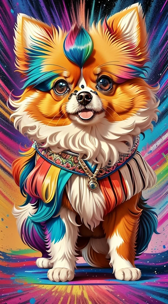 (Cachorro pomeranian de pelos curtos brancos e pretoelhor pose),(best angle), (better expression), Eduardo Kobra acolchoamento ,multidimensional geometric wall PORTRAIT, arte, Chibi, Yang08k, lindo, Colouring, Primary works, qualidade superior, melhor qualidade, Arte Oficial, Beautiful and Aesthetic, pelos coloridos,
