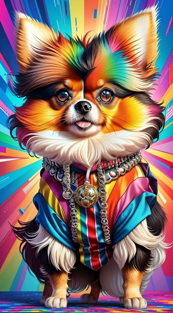 (Cachorro pomeranian de pelos curtos brancos e pretoelhor pose),(best angle), (better expression), Eduardo Kobra acolchoamento ,multidimensional geometric wall PORTRAIT, arte, Chibi, Yang08k, lindo, Colouring, Primary works, qualidade superior, melhor qualidade, Arte Oficial, Beautiful and Aesthetic, pelos coloridos,