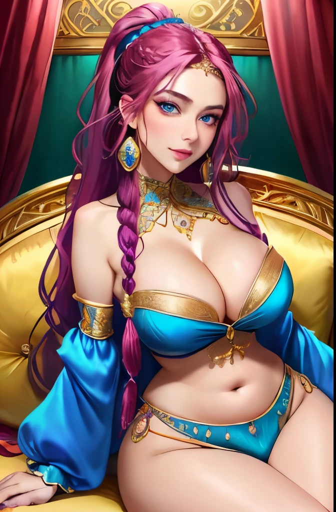 slim waist, slender torso, big pouty lips, coy smile, lips parted, blushing, almond-shaped-eyes, 4k, 8k ), ((wide hips, thick thighs)), huge breasts, boob squish, sitting on  silk couch, backlit, looking at viewer, low camera lens shot (masterpiece), (best quality:1.2), absurdres, intricate details, (highly detailed skin:1.2), ((luminous)) (((vivid bold color))) ((cinematic presentation)), long curly hair, blue eyes,  (((SOLO))), (((CLEAVAGE))), long braided ponytail, crystal ball on table, gypsy clothes, fortune teller, gold jewelry, silk pillows, bare shoulders
