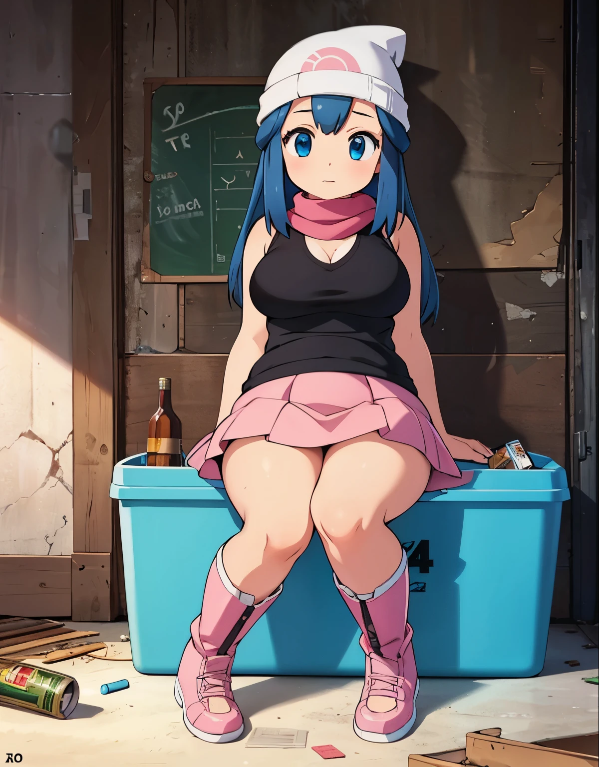 (best quality,4k,8k,highres,masterpiece:1.2),ultra-detailed,(realistic,photorealistic,photo-realistic:1.37),a sleeping girl in an abandoned school,dirty,full of garbage,alcohol bottles,and cigarettes,illustration,dark and gritty style,\(pokemon\), beanie, long hair, blue hair, blue eyes, black sleeveless shirt, pink scarf, pink skirt, pink boots, body shape, chubby thighs, thick thighs, medium breasts,dramatic lighting,