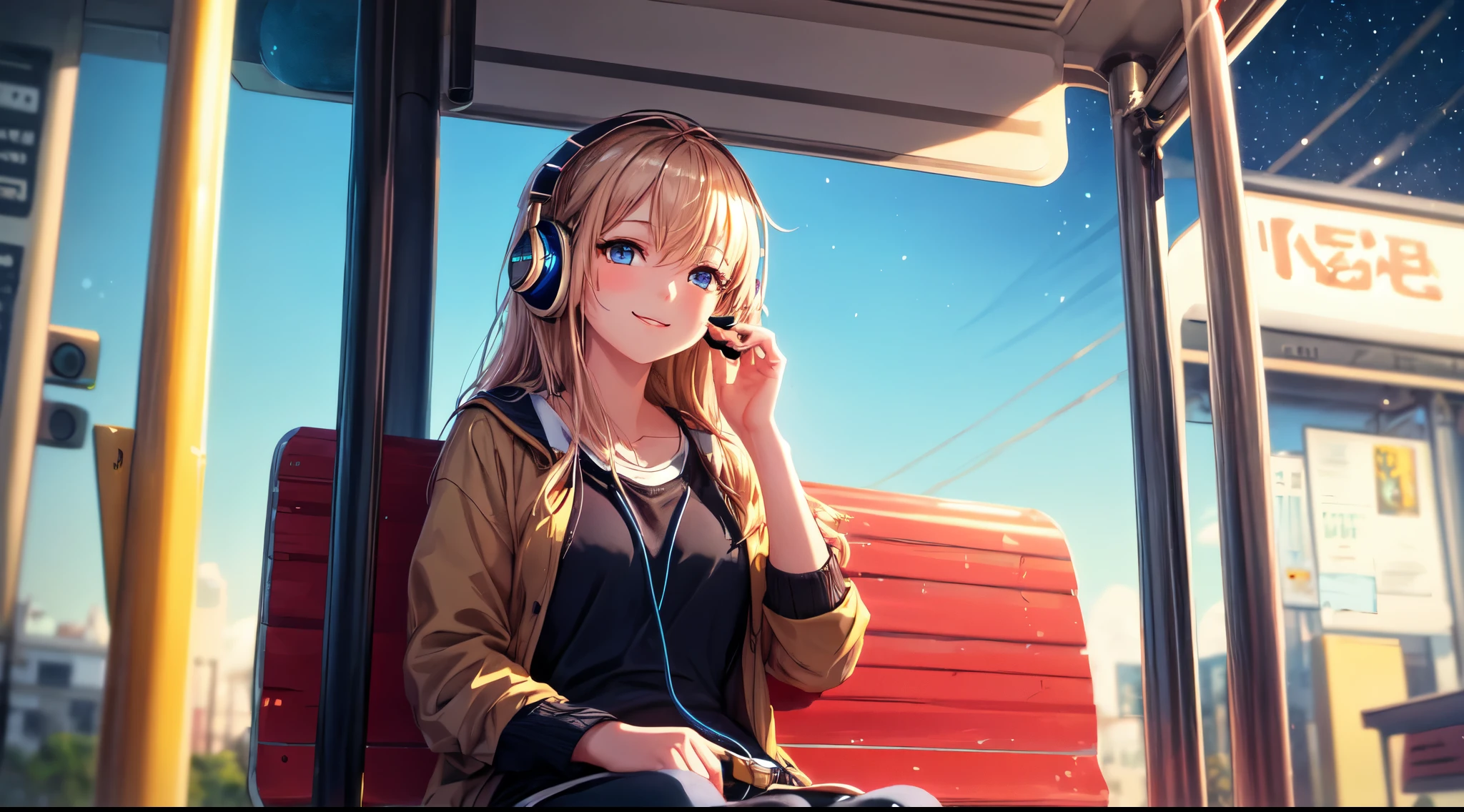 (highest quality,masterpiece:1.2),be familiar with,perfect face,Girl listening to music,sitting at the bus stop,have a phone,2D anime style,figure,soft lighting,Bright colors,sparkling ornaments,night,peaceful atmosphere,Cozy background,expressive eyes,gentle smile,flowing hair,Headphones On,bright eyes,Likeable character