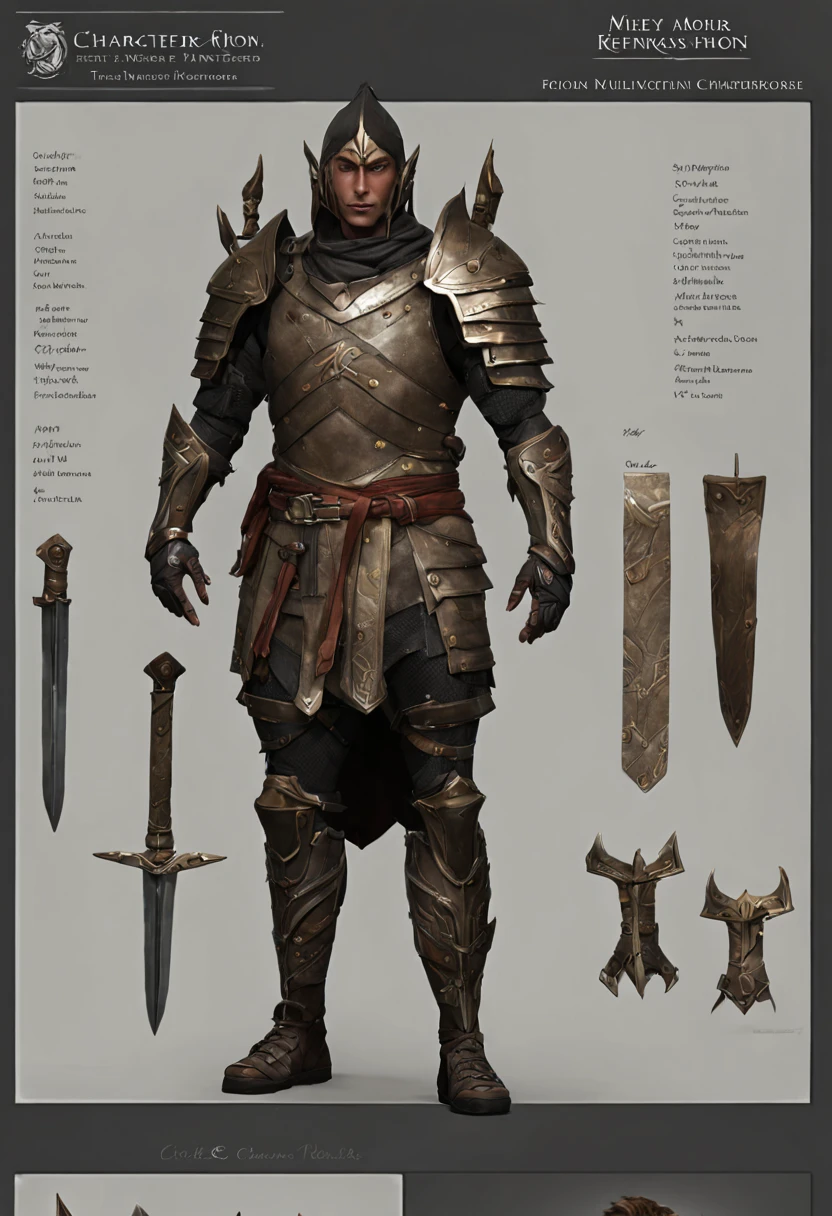 character reference sheet {Realistic fantasy warrior character design sheet, full armor with engraved runes, dual swords on back, front and back poses, detailed facial expression study, misty mountain backdrop, Canon EOS R8, Focal length 50mm} . turnaround views, detailed anatomy, color palette, multiple poses, highly detailed, multiple views of the same character, model sheet, character sheet