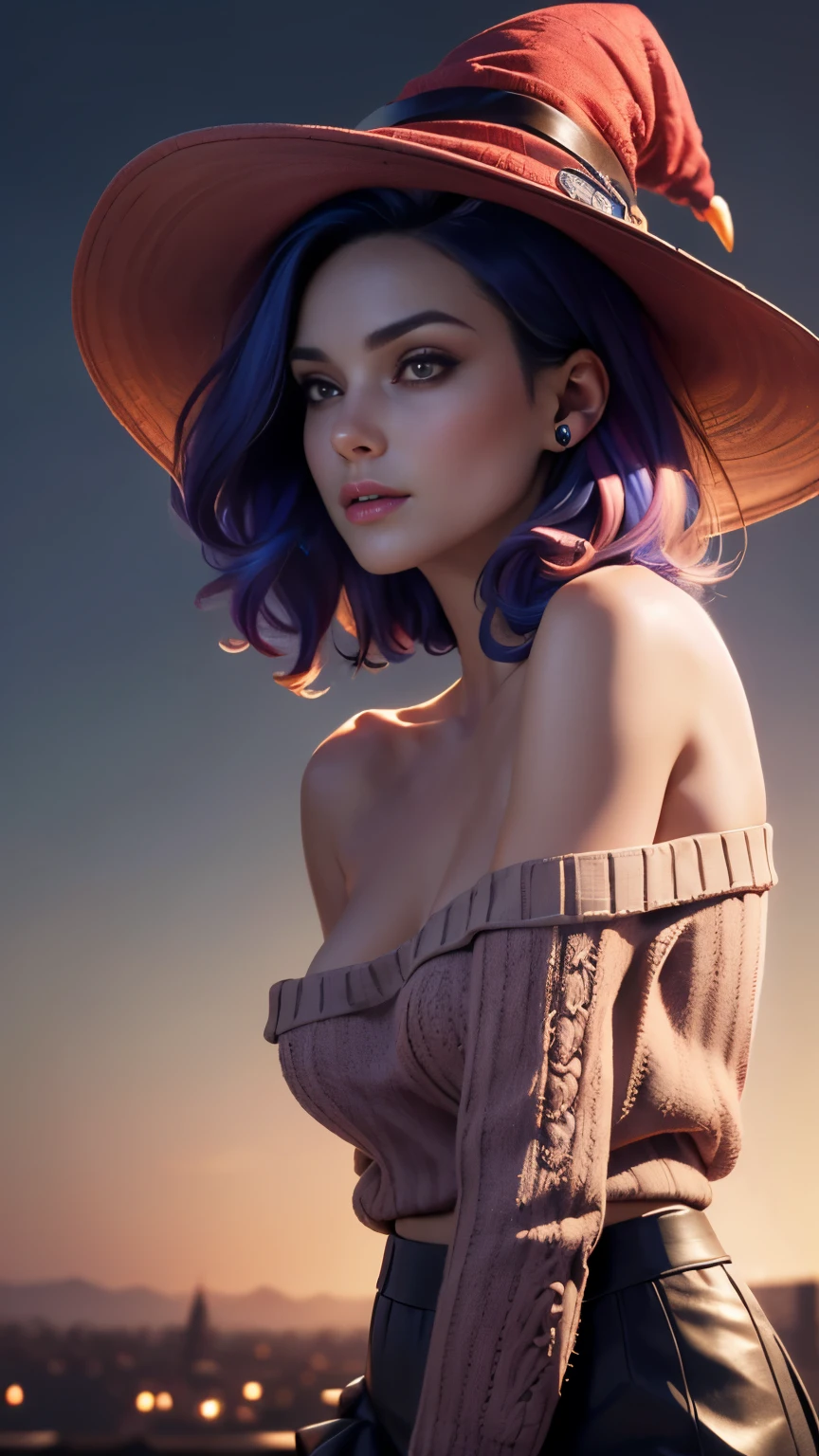 photo of celebrity, RAW, beautiful woman, ((portrait)), ((detailed face, colorful rainbow hair:1.2)), ((detailed facial feature, detailed skin, clear skin, parted lips), (perfect proportioned body, medium breasts, side boob), (wearing a cropped off shoulder sweater, sweater falling down off shoulders, a long skirt, and witch hat, NSFW: 1.5)), (high detailed Manor rooftop: 1.3), (side profile, realistic photo, best quality, detailed), (8k wallpaper), (cinematic lighting, dramatic lighting) (sharp focus, intricate)