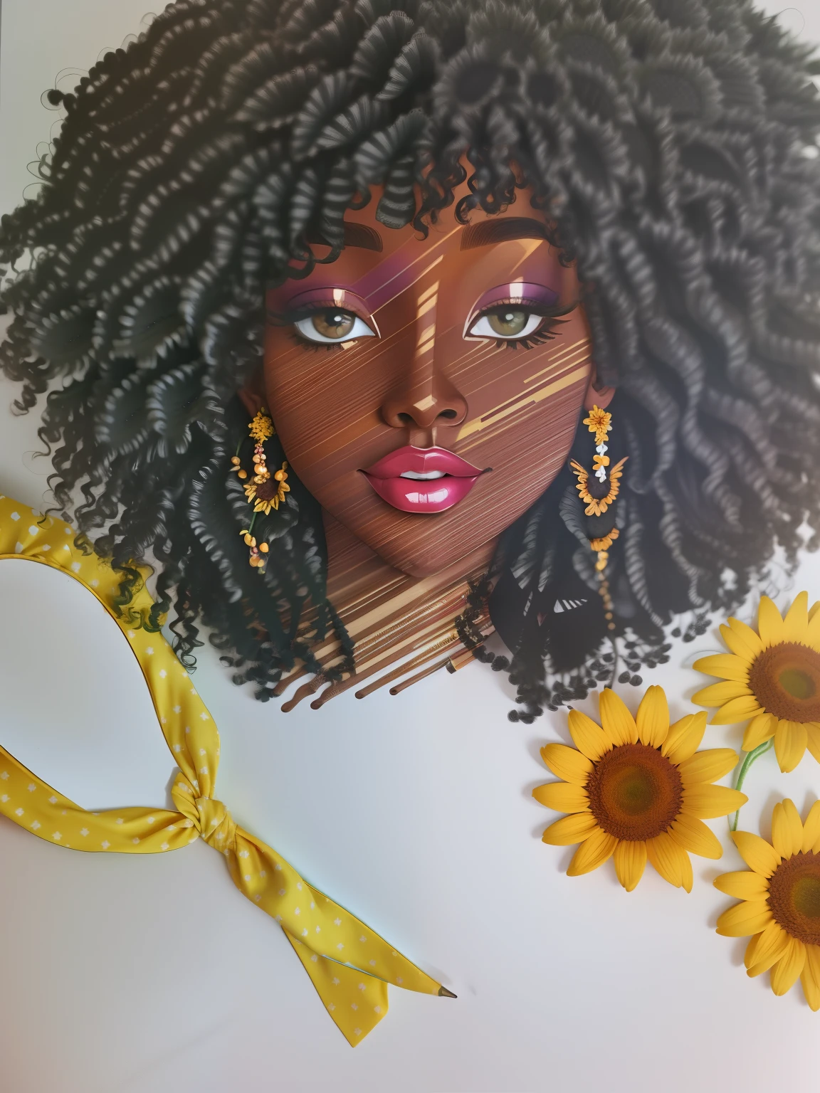 drawing of a woman with a mirror and sunflowers, inspired por Chinwe Chukwuogo-Roy, por Chinwe Chukwuogo-Roy, seu rosto emoldurado por cachos, inspirado em Zelma Blakely, desenho colorido, com afro, desenho colorido, inspirado em Lily Delissa Joseph, detalhe adicionado, afro feito de flores