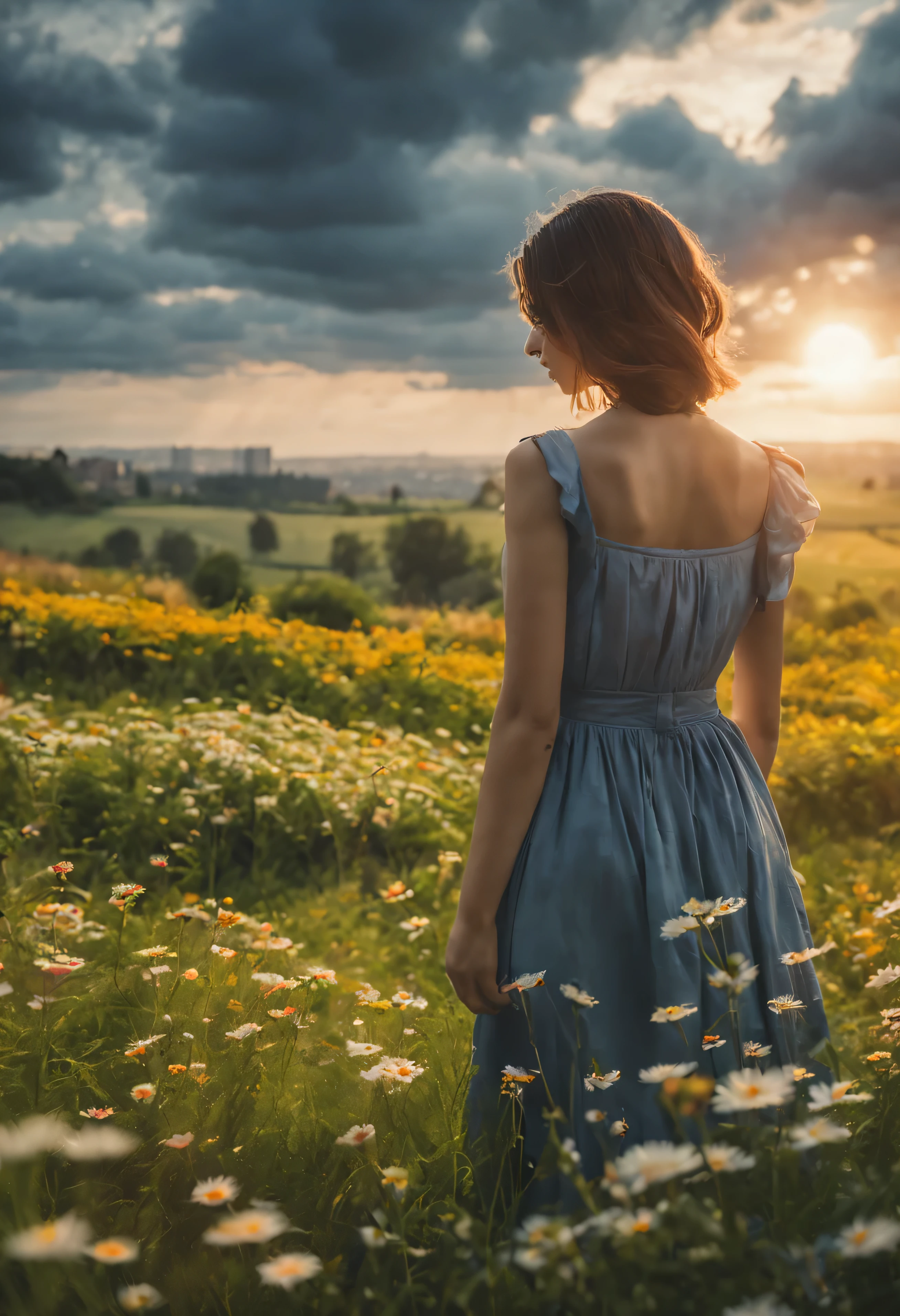 Personal view of an Campo aberto with a girl in a dress feeling the breeze many Flores bonitas and green grass,sem vista da cidade, Campo aberto, amazing wallpaper, grama baixa, Flores bonitas, foto hiper realista de uma cidade, Longe da cidade , por Raymond Han, dia ensolarado, castelo na montanha, campos lindamente iluminados, dia ensolarado, beautiful and aesthetic, fotografia, cinematic, 8K, altamente detalhado ((sol com nuvens)))