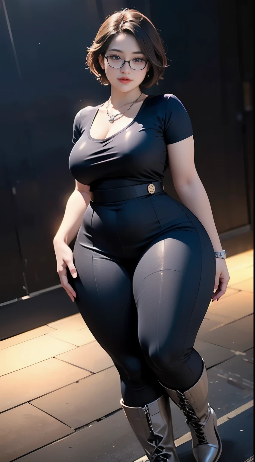 ((best quality)), ((masterpiece)), (detailed), perfect face, chubby woman, chubby face , chubby girl , widest hips , fat belly , thick neck ,, thicc , thick body , thick thighs , thick arm, small breasts but her body is a chubby, full body view, dark-black room, black bokeh background, tight dress, wearing boots, short hairstyle, diamond necklace, wearing a watch, tall woman, restore face, white skin , longest tight pants , glasses , cold vibes, , 4k resolution, japanese goddess,voluptuous, looking at viewer