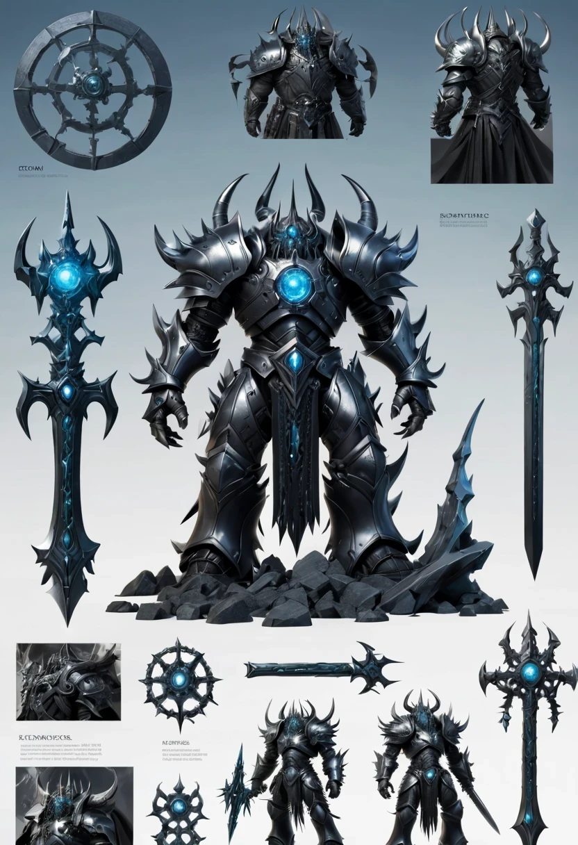 (character design sheet:1.5)，Demonic battlefield，Mechanical Lich King，The Lich King&#39;s future weapons，Mechanical structure，High-tech equipment，magical creatures，three sided view, figure, Reference table, gothic art, ultra high definition, retina, masterpiece, 1080p, 16k, Award-winning