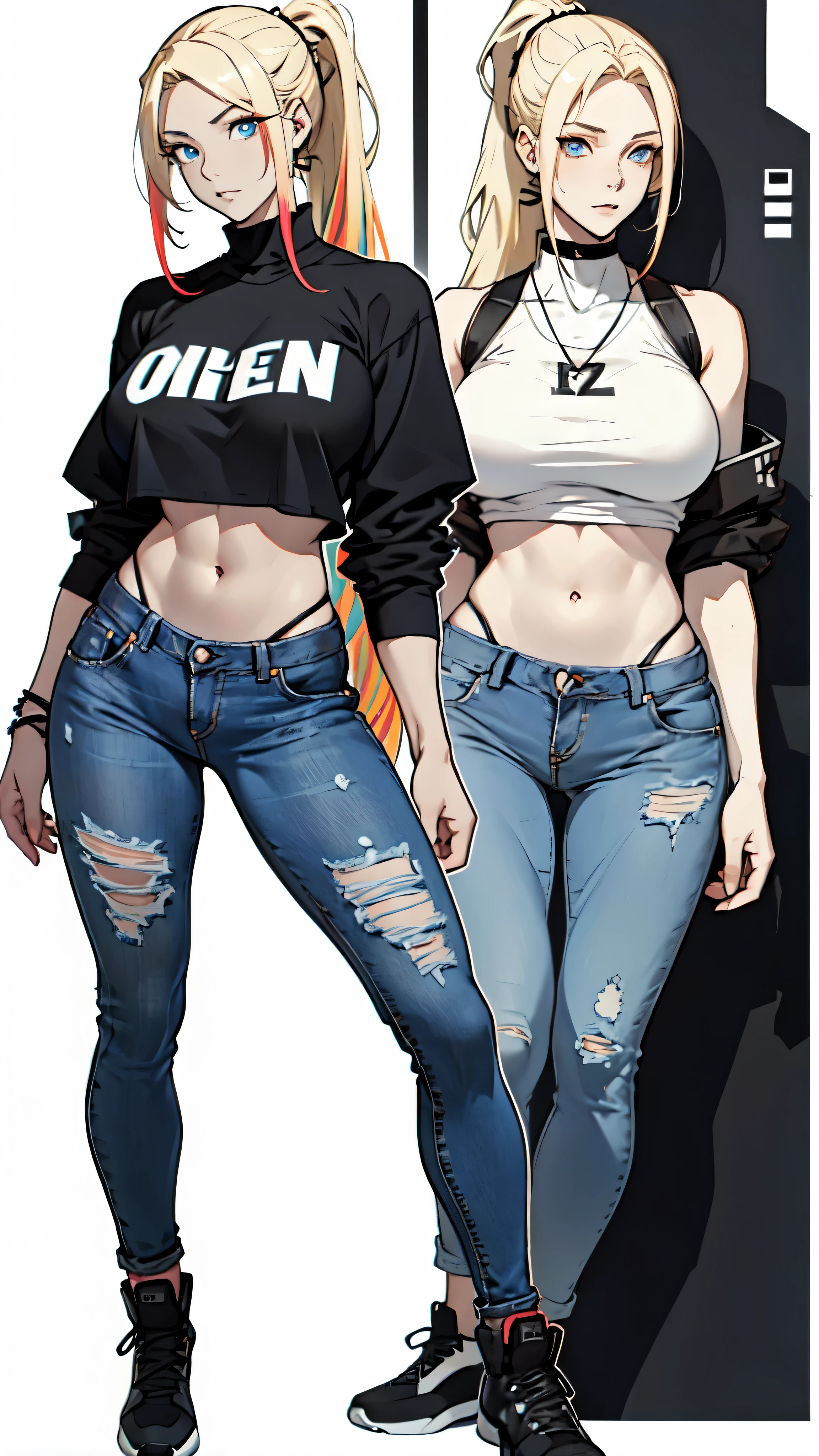 ((one girl)), full body shot of an anime girl with long thin light blonde hair tied in a ponytail, anime character concept, character sheet, (((full body))), lips half open, (((pale skin))), ((multicolored hair blonde and blue highlights)), blue eyes, (((wearing modern urban clothes fashion))), ((black top, jeans)), ((bare belly)), (((big breasts))), blonde anime girl with long hair, (((empty white background)))