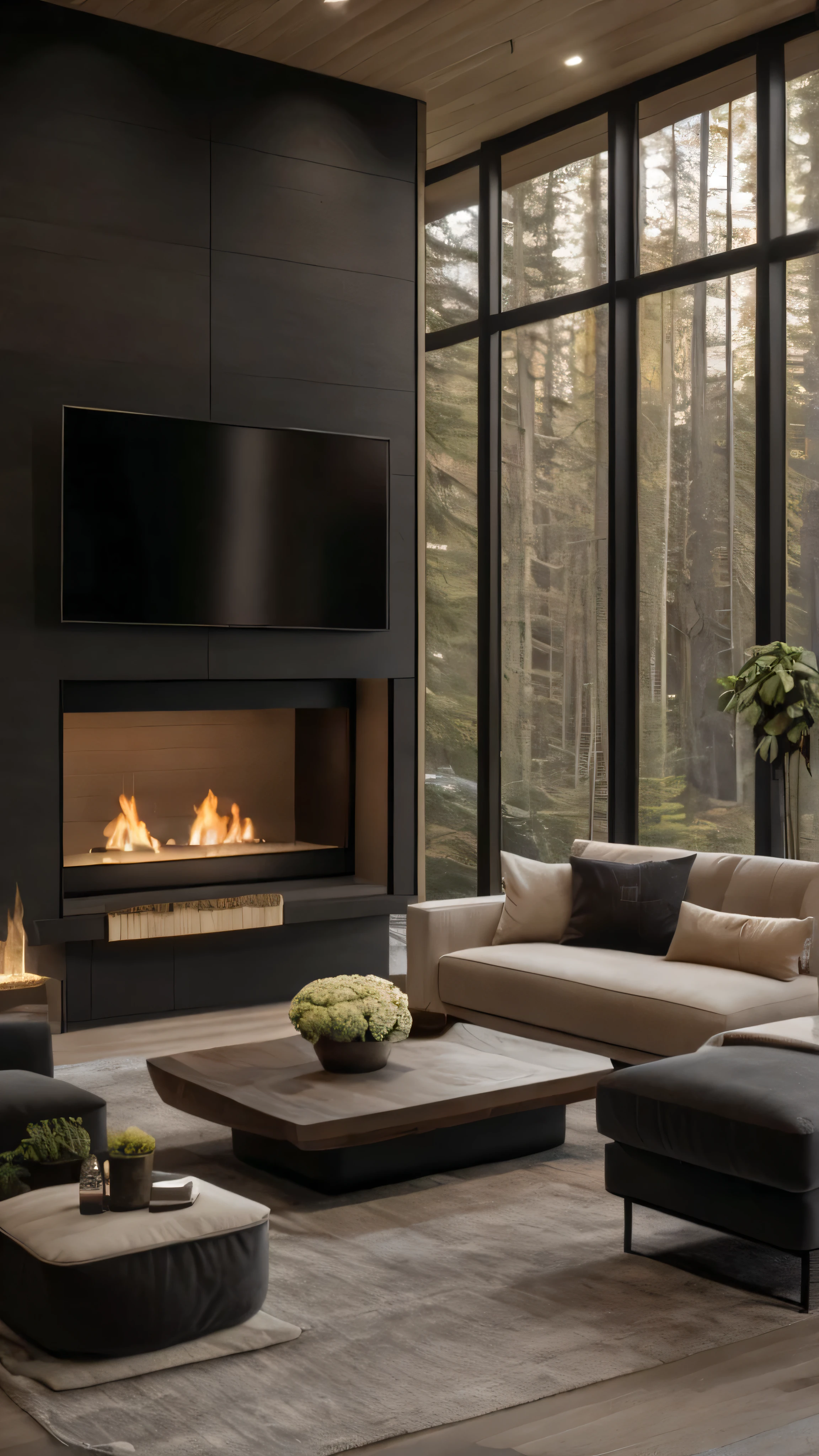 arafed living room with a fireplace and a couch and a coffee table, irori fireplace, fire place roaring, cozy contemporary living room, apartment with black walls, dark and modern, luxurious environment, modern house in the wood, inspiration, true realistic image, fireplace, fireplace lighting, cozy living room interior, warm interiors, 4k serene