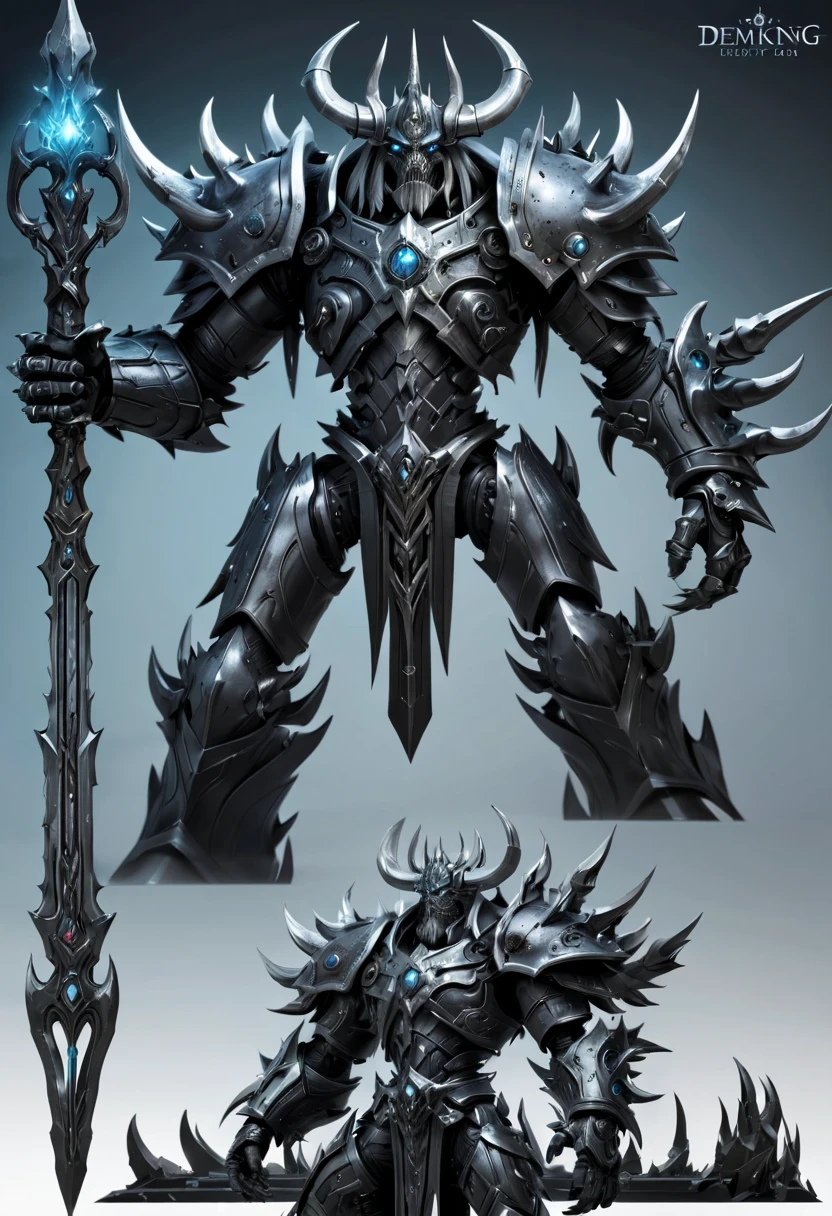 (character design sheet:1.5)，Demonic battlefield，Mechanical Lich King，The Lich King&#39;s future weapons，Mechanical structure，High-tech equipment，magical creatures，three sided view, figure, Reference table, gothic art, ultra high definition, retina, masterpiece, 1080p, 16k, Award-winning