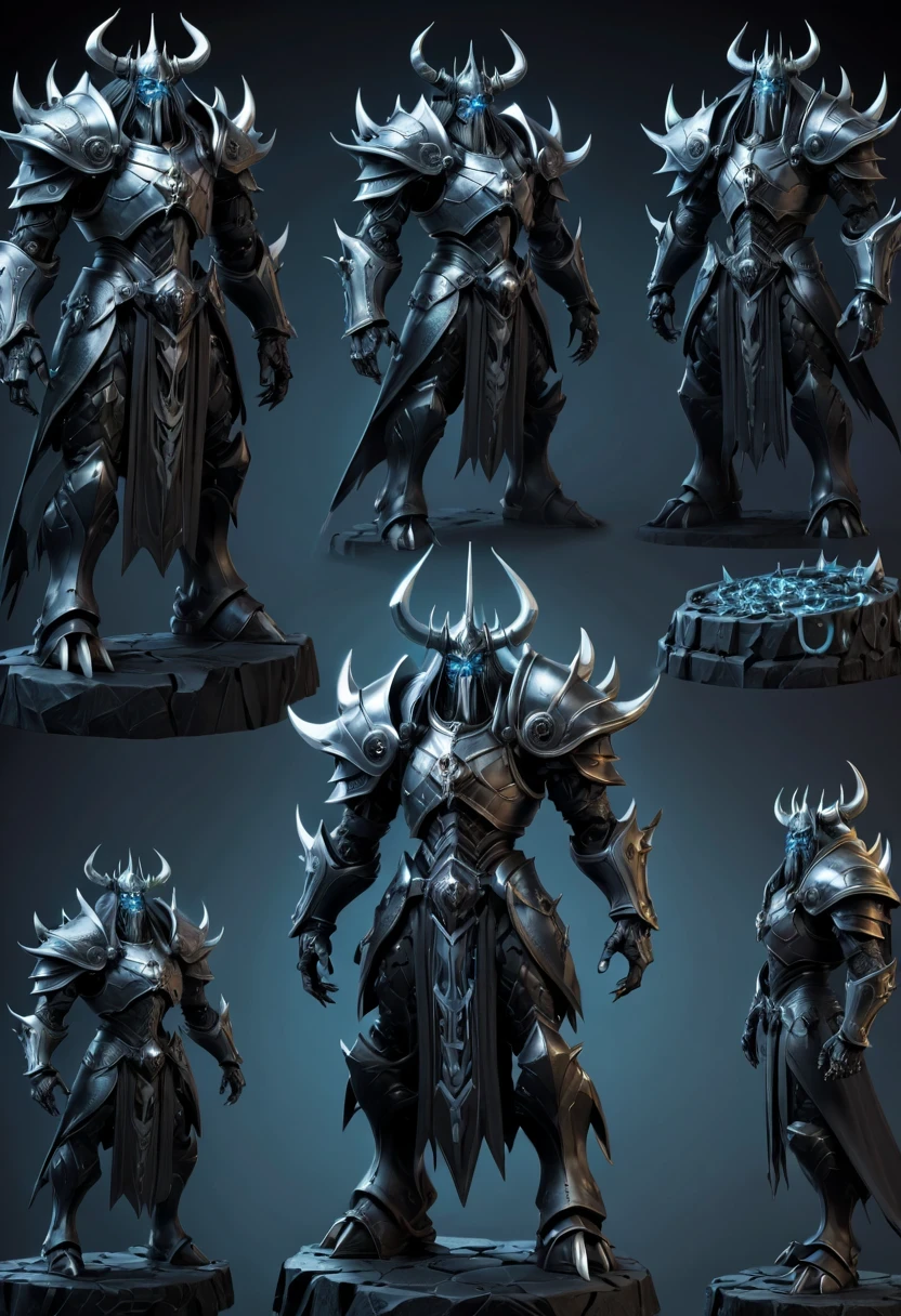 (character design sheet:1.5)，Demonic battlefield，Mechanical Lich King，The Lich King&#39;s future weapons，Mechanical structure，High-tech equipment，magical creatures，three sided view, figure, Reference table, gothic art, ultra high definition, retina, masterpiece, 1080p, 16k, Award-winning