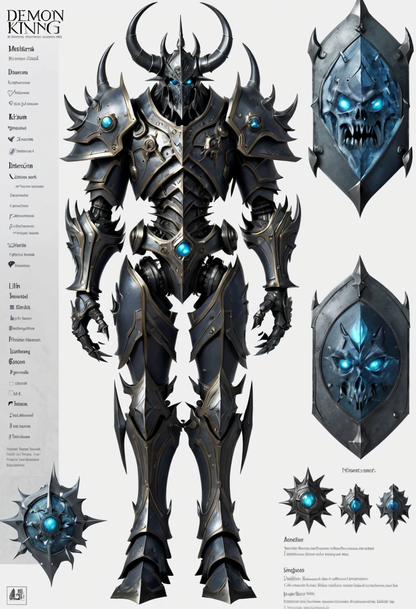 (character design sheet:1.5)，Demonic battlefield，Mechanical Lich King，The Lich King&#39;s future weapons，Mechanical structure，High-tech equipment，magical creatures，three sided view, figure, Reference table, gothic art, ultra high definition, retina, masterpiece, 1080p, 16k, Award-winning