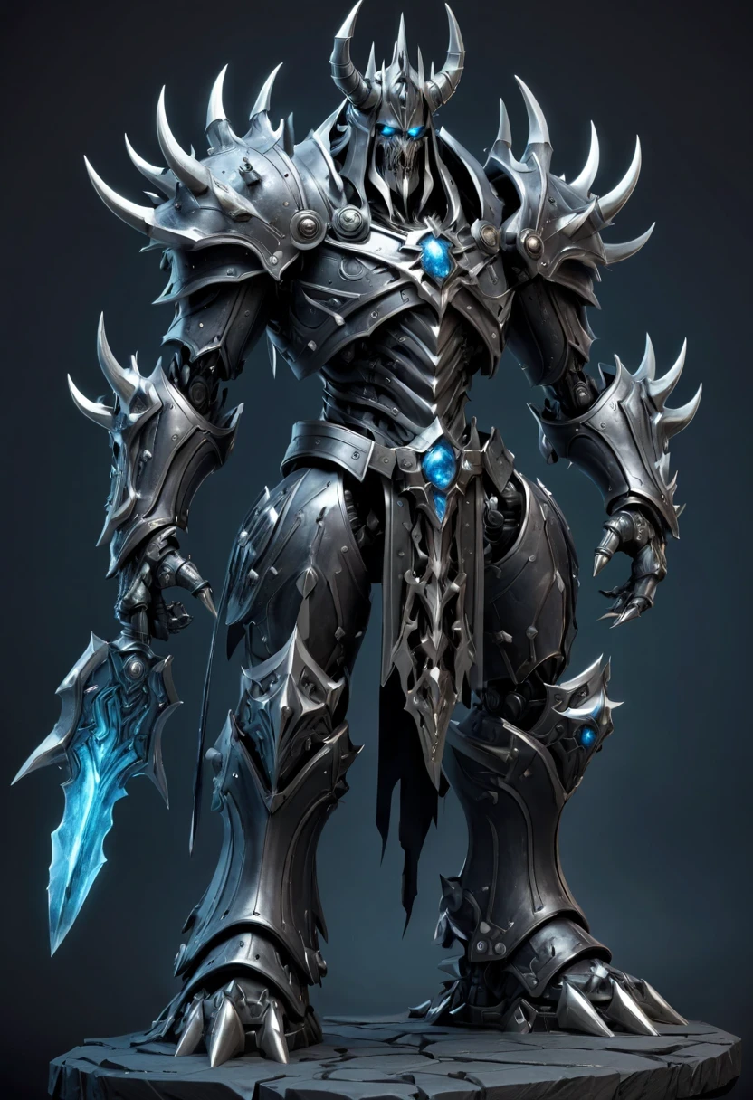 (character design sheet:1.5)，Demonic battlefield，Mechanical Lich King，The Lich King&#39;s future weapons，Mechanical structure，High-tech equipment，magical creatures，three sided view, figure, Reference table, gothic art, ultra high definition, retina, masterpiece, 1080p, 16k, Award-winning