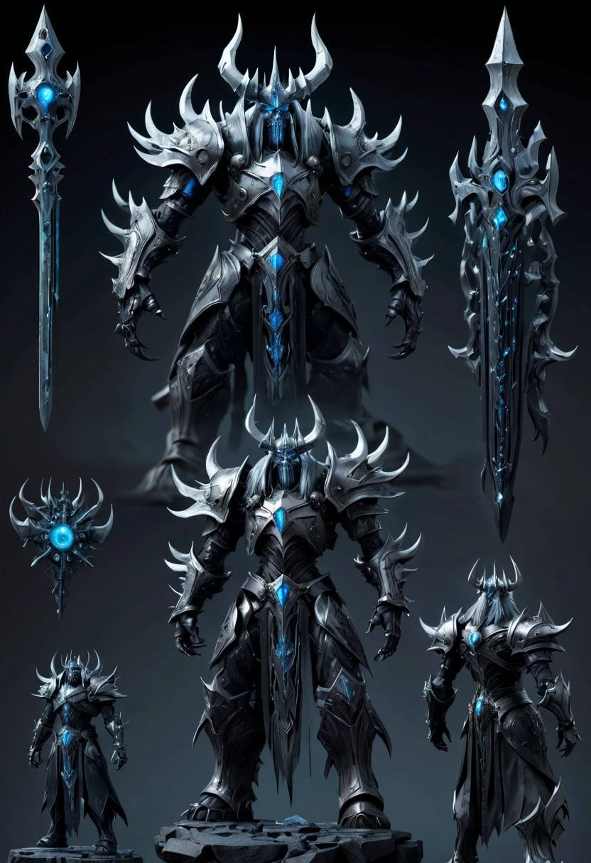 (character design sheet:1.5)，Demonic battlefield，Mechanical Lich King，The Lich King&#39;s future weapons，Mechanical structure，High-tech equipment，magical creatures，three sided view, figure, Reference table, gothic art, ultra high definition, retina, masterpiece, 1080p, 16k, Award-winning