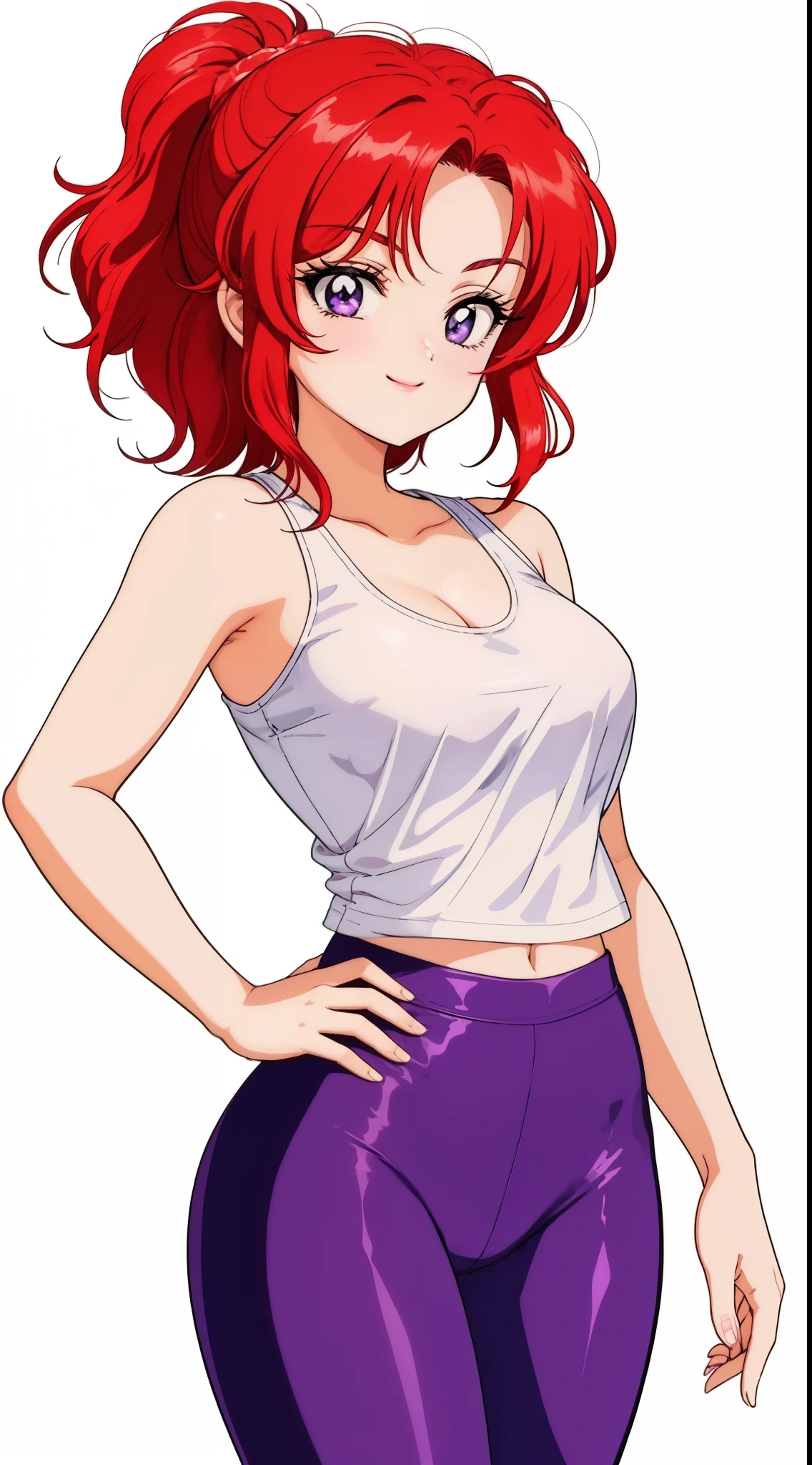 Masterpiece,best quality,Solo,LLCHAR, cowboy shot,Nishikino maki, standing, hands on hips, looking at viewer,purple eyes, smile, in gym, white tank top, yoga pants, Closed mouth, after workout ,skin tight, cleavage