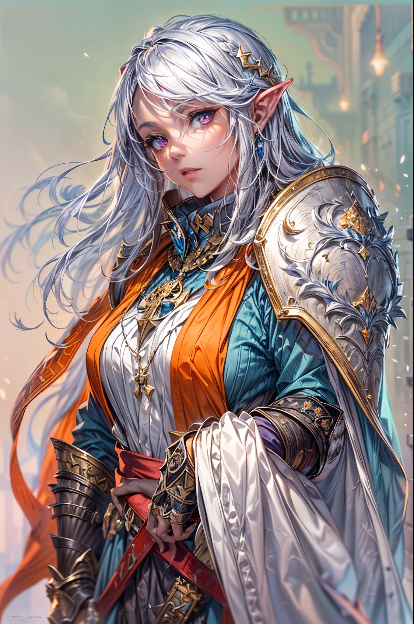(character design sheet: 1.5) by Larry Elmor, fantasy art, dnd art, RPG art, wide shot, (masterpiece: 1.4) a (portrait: 1.3) intense details, highly detailed, photorealistic, best quality, highres, portrait a female (fantasy art, Masterpiece, best quality: 1.3) ((blue skin: 1.5)), intense details facial details, exquisite beauty, (fantasy art, Masterpiece, best quality) cleric, (blue: 1.3) skinned female, (white hair: 1.4), long hair, (hair hides ears: 1.5), (purple eyes: 1.3), fantasy art, Masterpiece, best quality) armed a fiery sword red fire, wearing heavy (white: 1.3) half plate mail armor, wearing high heeled laced boots, wearing an(orange :1.3) cloak, wearing glowing holy symbol GlowingRunes_yellow, within fantasy temple background, reflection light, high details, best quality, 16k, [ultra detailed], masterpiece, best quality, (extremely detailed), close up, ultra wide shot, photorealistic, RAW, fantasy art, dnd art, fantasy art, realistic art,((best quality)), ((masterpiece)), (detailed), perfect face,