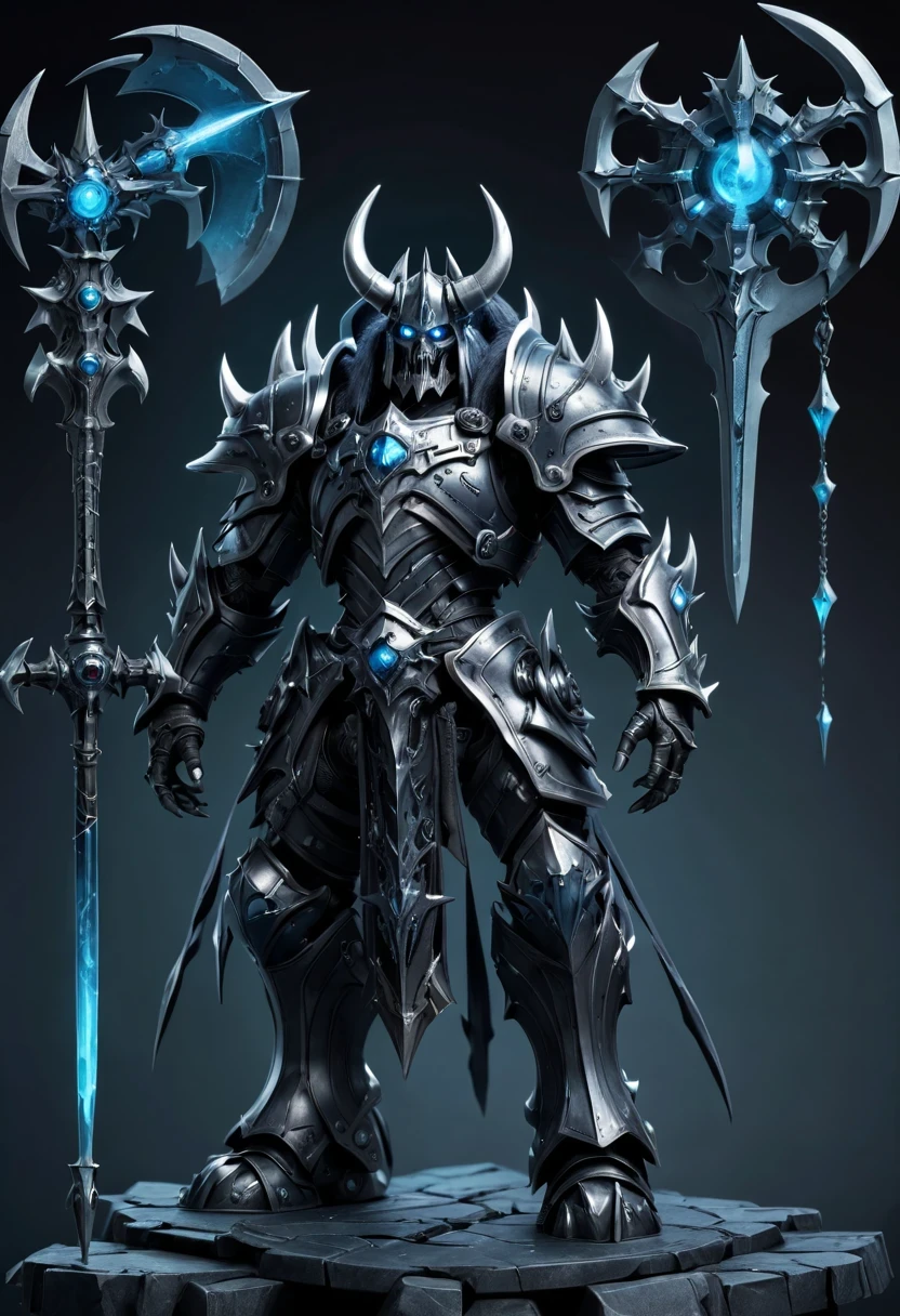 (character design sheet:1.5),Demonic battlefield,Mechanical Lich King,The Lich King's future weapons,Mechanical structure,High-tech equipment,magical creatures,three sided view, figure, Reference table, gothic art, ultra high definition, retina, masterpiece, 1080p, 16k, Award-winning
