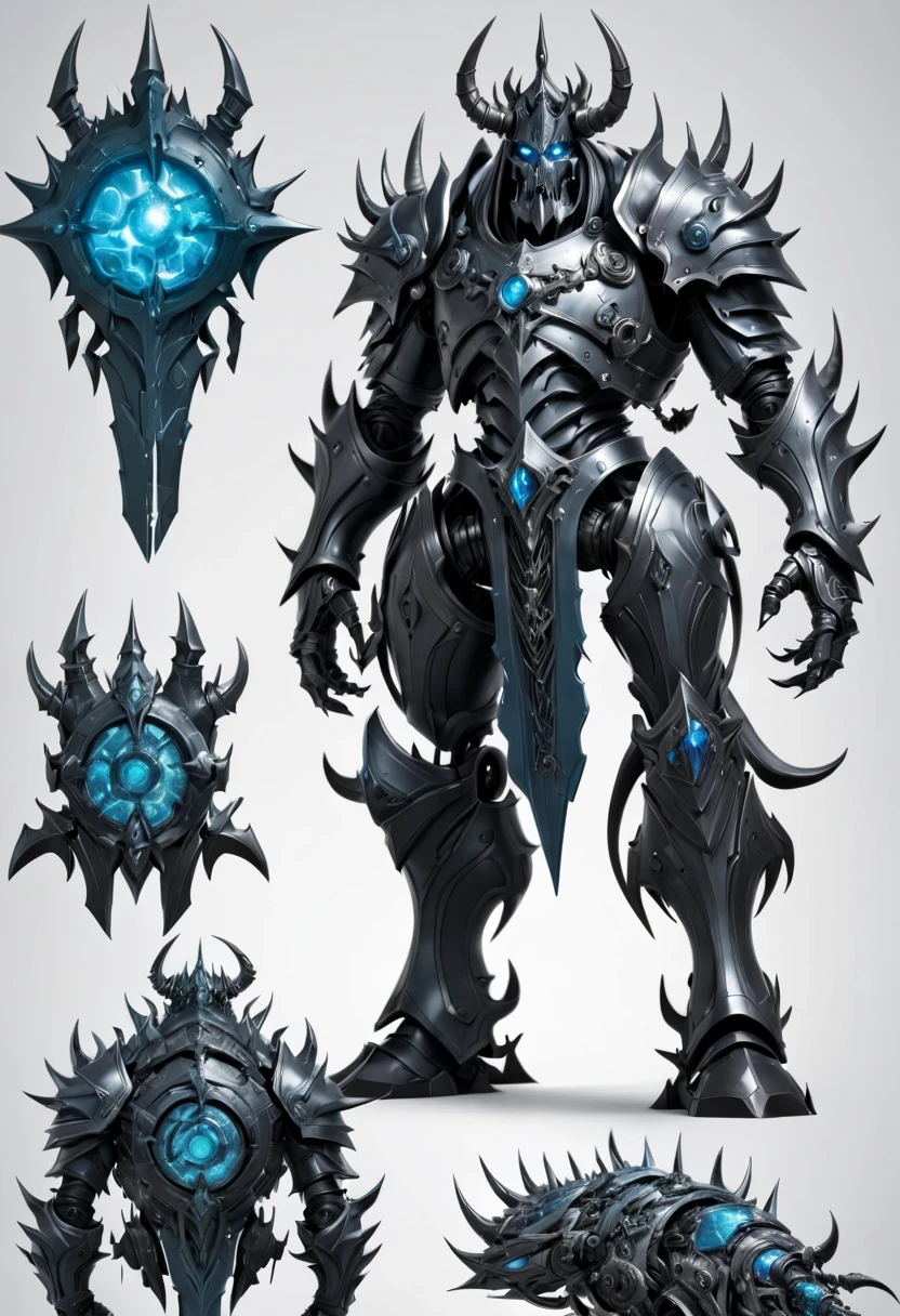 (character design sheet:1.5)，Demonic battlefield，Mechanical Lich King，The Lich King&#39;s future weapons，Mechanical structure，High-tech equipment，magical creatures，three sided view, figure, Reference table, gothic art, ultra high definition, retina, masterpiece, 1080p, 16k, Award-winning