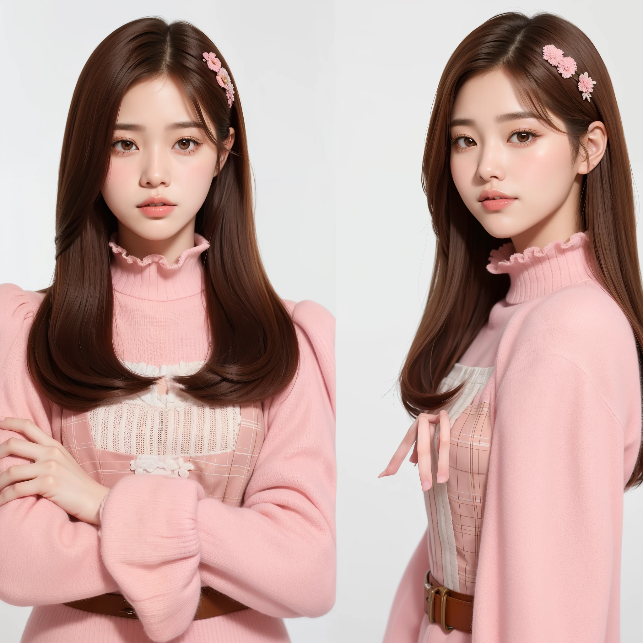 a close up of a woman with long hair wearing a pink sweater, jaeyeon nam, neat hair with bangs, young adorable korean face, brown hair with bangs, korean symmetrical face, beautiful young korean woman, ulzzang, gorgeous young korean woman, popular korean makeup, with short hair, portrait of female korean idol, brown hair and bangs