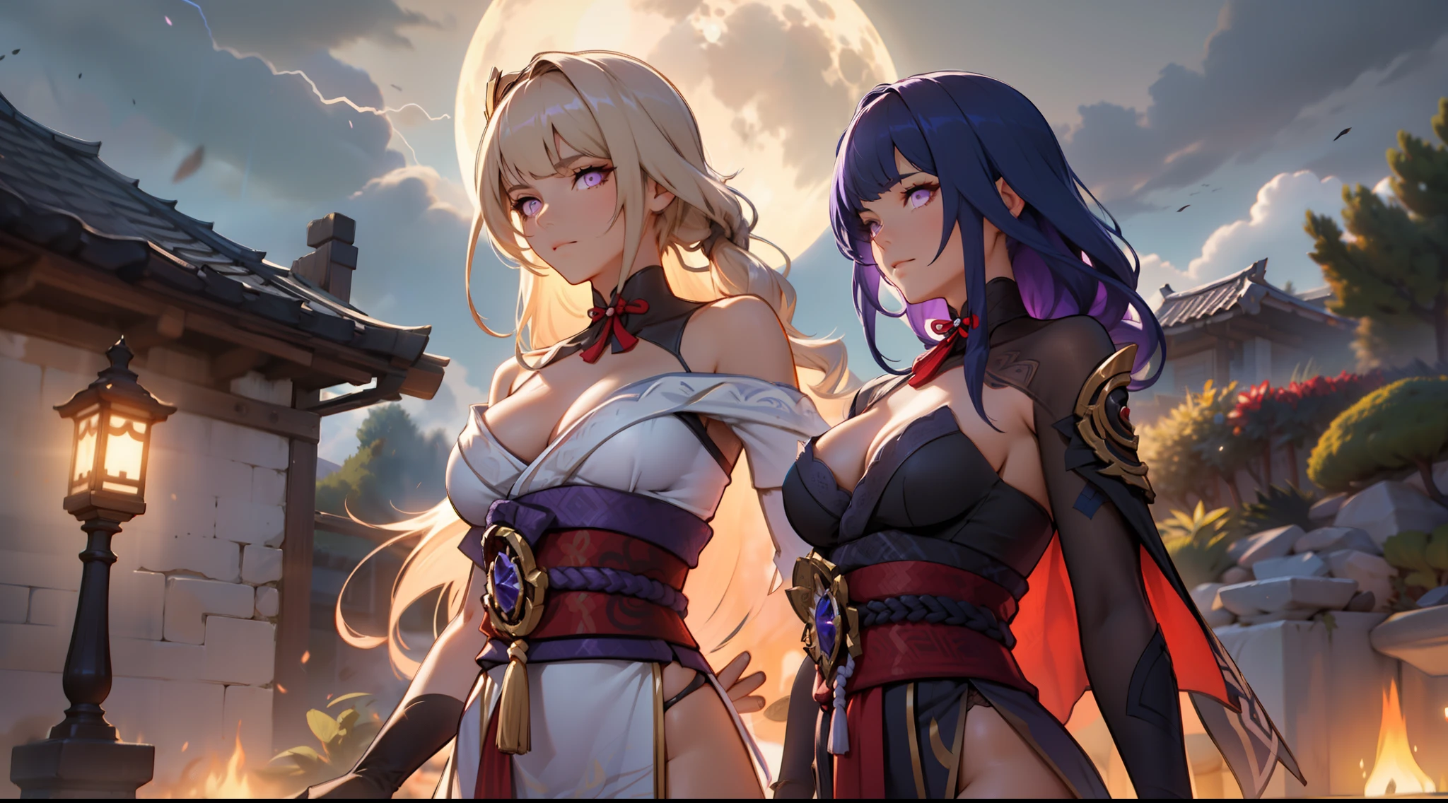 (foto ultra realista, 8k hd, cheio de detalhes nas roupas e no rosto, obra de arte, Deusa da beleza). Shogun Raider from Genshin Impact is a sexy woman with long, flowing purple hair, que usa uma lingerie sexy altamente detalhada, She wears a jewel on the side of her head adorned with golden details and a jewel in the center. - Ela usa uma roupa roxa e rosa com detalhes dourados, com desenhos ornamentados em ouro. The upper part of the armor is tight to the body, destacando suas curvas. (ela tem seios longos, seios enormes e perfeitos emergindo de seu sexy, erotic neckline, SEIOS pontiagudoicro calcinha transparente mostrando a bucetinha, buceta perfeita)), corpo definido, corpo com curvas, bunda grande e empinada, buceta mostrando, His arms are covered in armored gloves with similar designs in gold and secured to the arm by straps... - A piece of cloth flows from his waist, complementando o visual da armadura. - Her face is very beautiful, She has light pink eyes and a serious expression. - No fundo, there is a dramatic sky full of dark clouds and lightning lighting up the scene. The full moon is also visible between the clouds. ((Super modelo deitada))