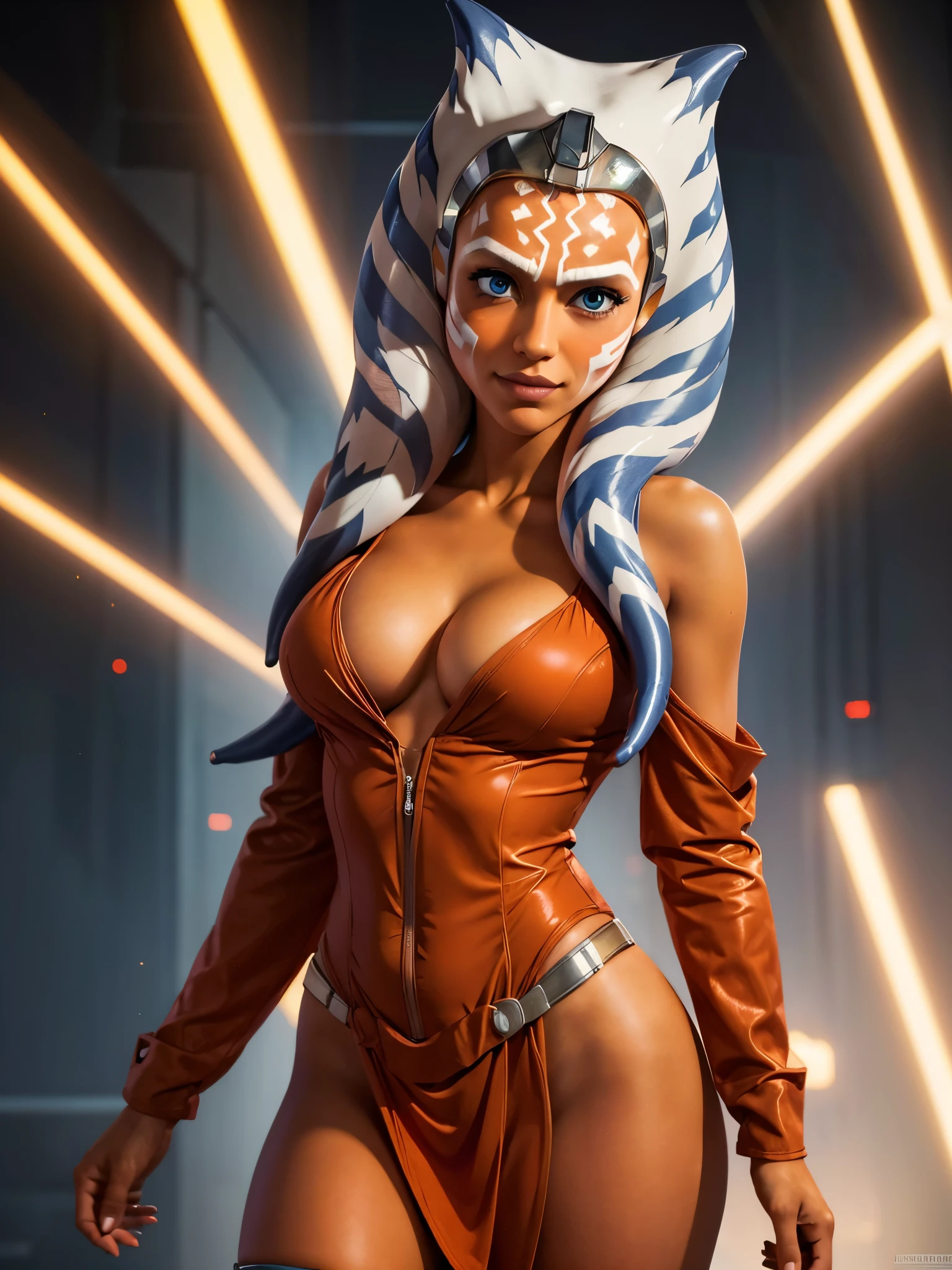 (masterpiece, best quality), 1girl, beautiful face, ahsoka_tano, orange skin, facial mark, tattoo, cleavage, fully clothed, pink clothes, jedi robe, sexy pose, serious look, curvy body, full body shot,