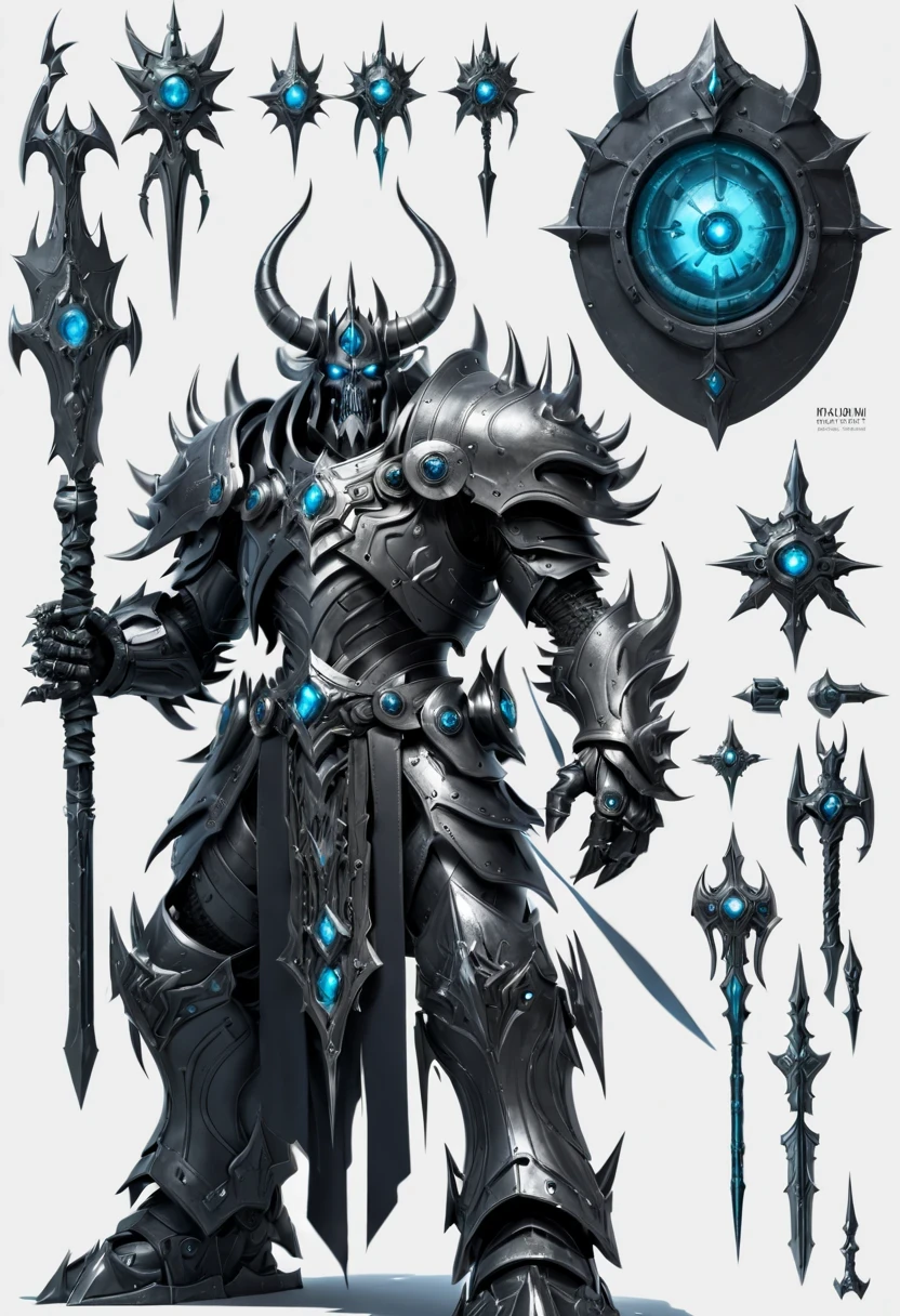 (character design sheet:1.5)，Demonic battlefield，Mechanical Lich King，The Lich King&#39;s future weapons，Mechanical structure，High-tech equipment，magical creatures，three sided view, figure, Reference table, gothic art, ultra high definition, retina, masterpiece, 1080p, 16k, Award-winning