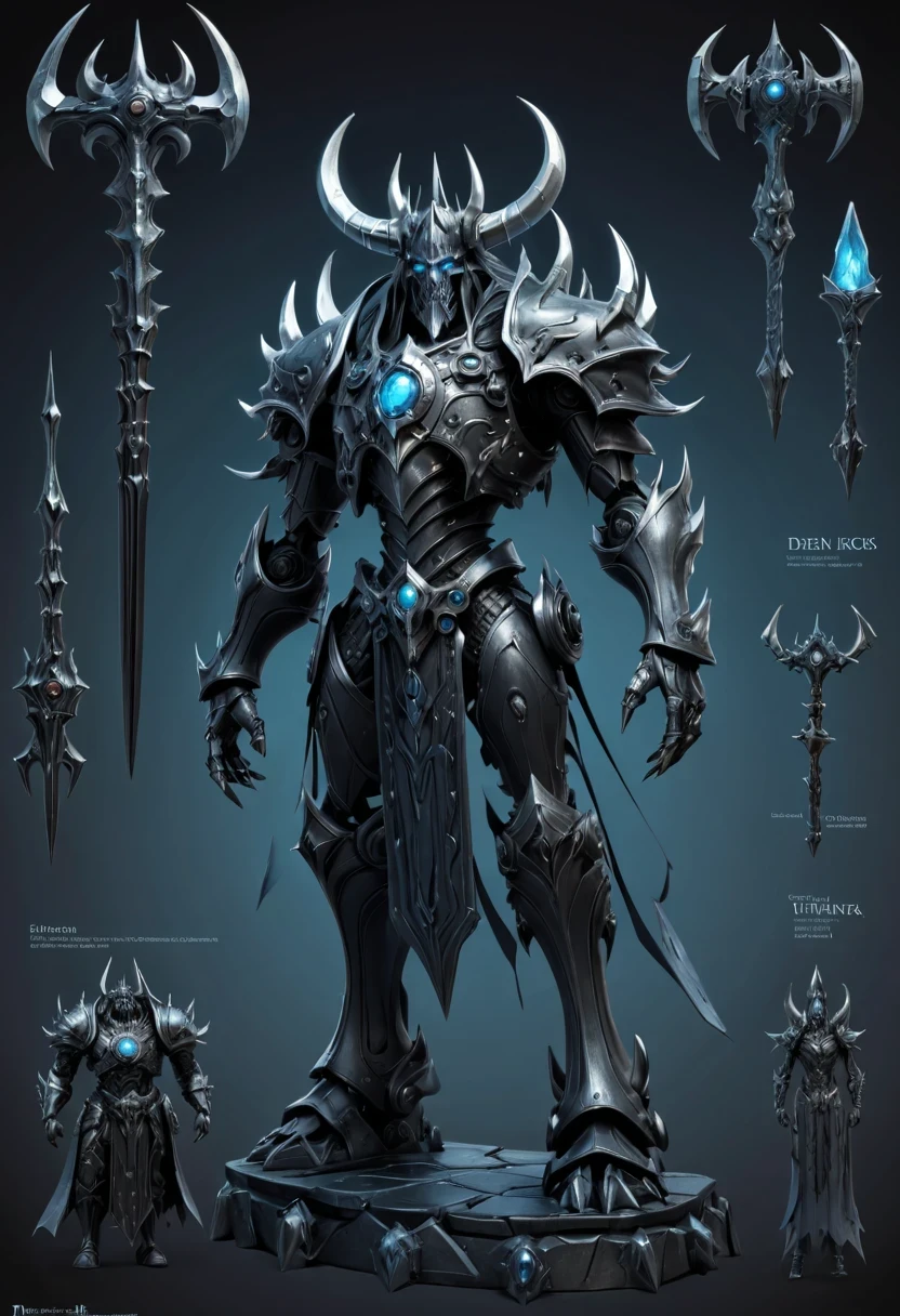 (character design sheet:1.5)，Demonic battlefield，Mechanical Lich King，The Lich King&#39;s future weapons，Mechanical structure，High-tech equipment，magical creatures，three sided view, figure, Reference table, gothic art, ultra high definition, retina, masterpiece, 1080p, 16k, Award-winning