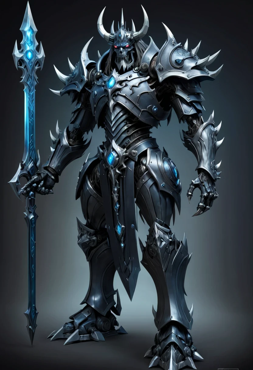 (character design sheet:1.5)，Demonic battlefield，Mechanical Lich King，The Lich King&#39;s future weapons，Mechanical structure，High-tech equipment，magical creatures，three sided view, figure, Reference table, gothic art, ultra high definition, retina, masterpiece, 1080p, 16k, Award-winning