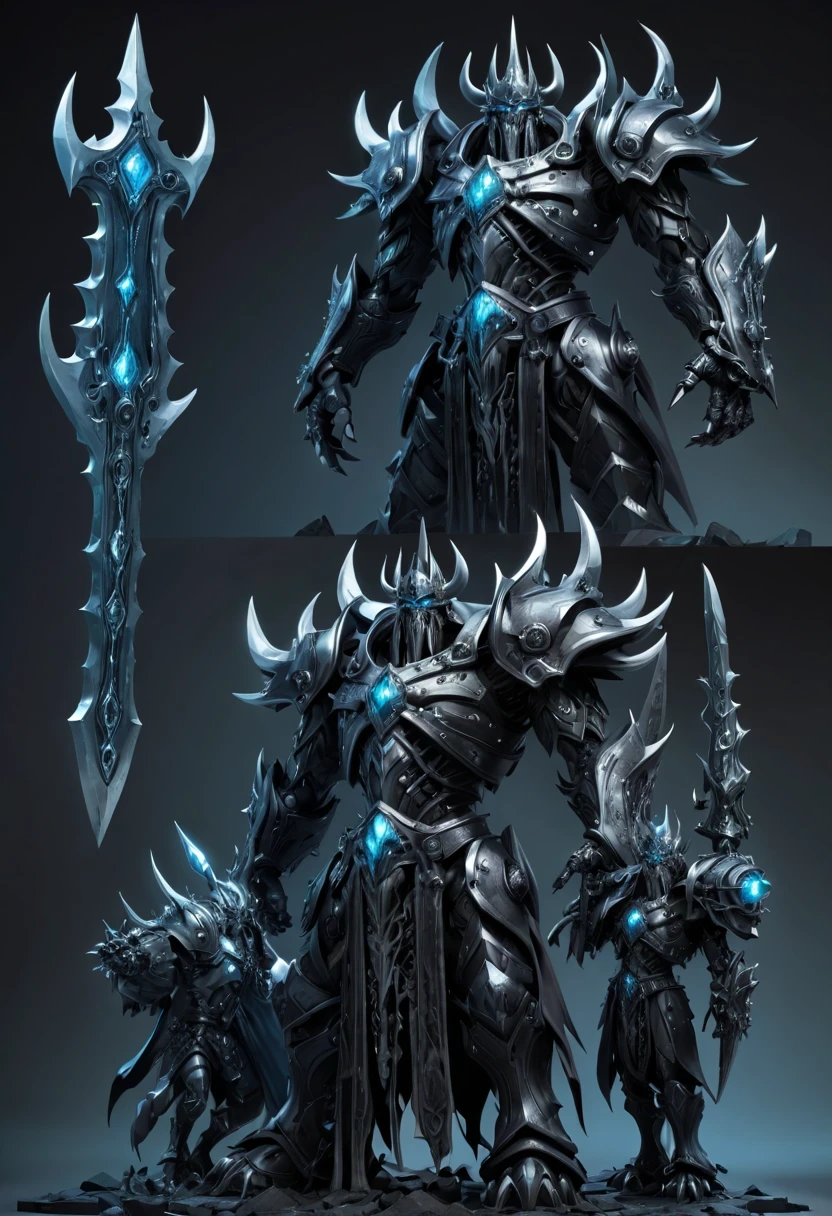 (character design sheet:1.5)，Demonic battlefield，Mechanical Lich King，The Lich King&#39;s future weapons，Mechanical structure，High-tech equipment，magical creatures，three sided view, figure, Reference table, gothic art, ultra high definition, retina, masterpiece, 1080p, 16k, Award-winning