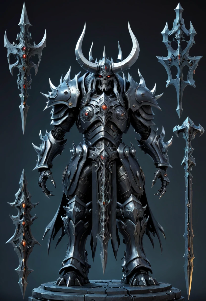 (character design sheet:1.5),Demonic battlefield,Mechanical Lich King,The Lich King's future weapons,Mechanical structure,High-tech equipment,magical creatures,three sided view, figure, Reference table, gothic art, ultra high definition, retina, masterpiece, 1080p, 16k, Award-winning