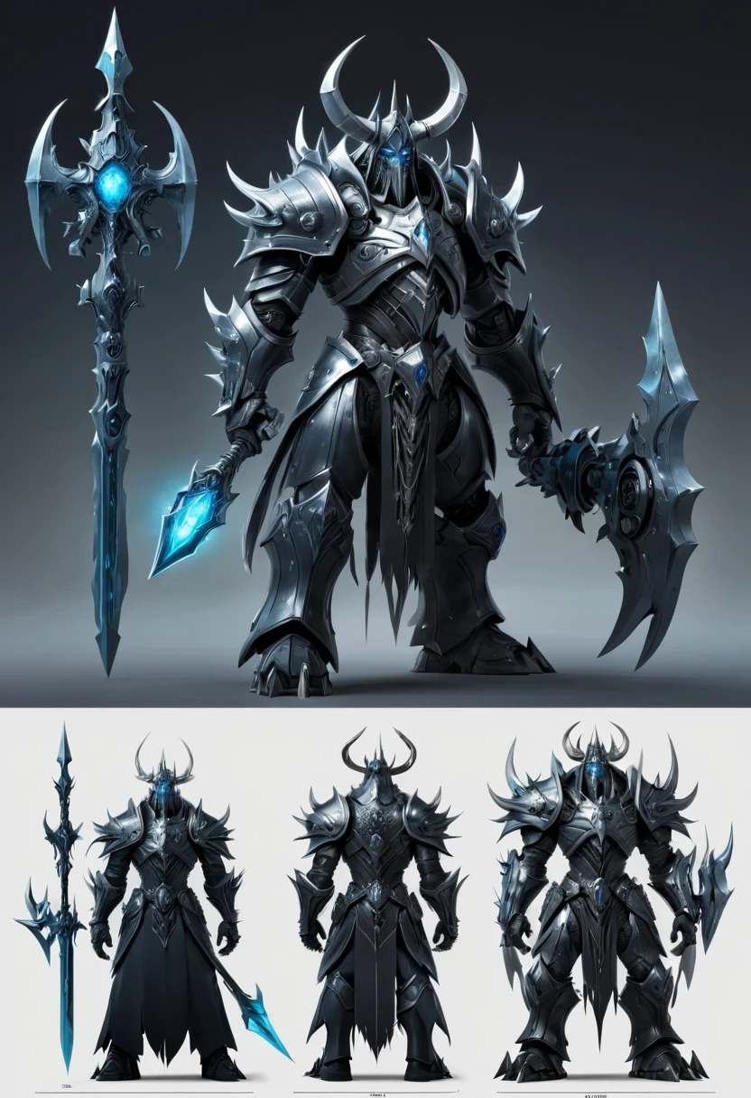 (character design sheet:1.5)，Demonic battlefield，Mechanical Lich King，The Lich King&#39;s future weapons，Mechanical structure，High-tech equipment，magical creatures，three sided view, figure, Reference table, gothic art, ultra high definition, retina, masterpiece, 1080p, 16k, Award-winning