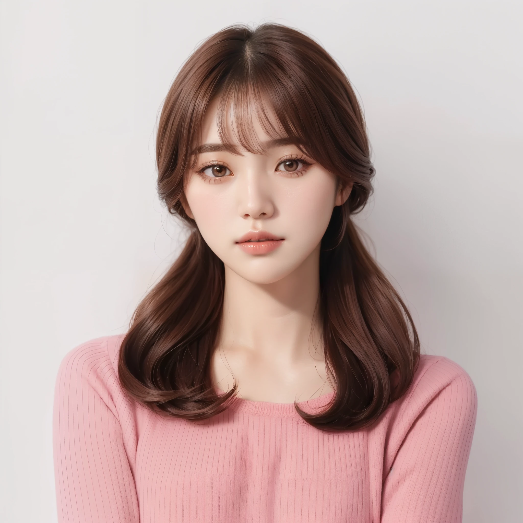 a close up of a woman with long hair wearing a pink sweater, jaeyeon nam, neat hair with bangs, young adorable korean face, brown hair with bangs, korean symmetrical face, beautiful young korean woman, ulzzang, gorgeous young korean woman, popular korean makeup, with short hair, portrait of female korean idol, brown hair and bangs