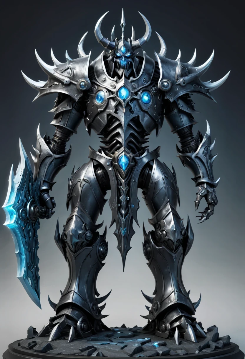 (character design sheet:1.5)，Demonic battlefield，Mechanical Lich King，The Lich King&#39;s future weapons，Mechanical structure，High-tech equipment，magical creatures，three sided view, figure, Reference table, gothic art, ultra high definition, retina, masterpiece, 1080p, 16k, Award-winning