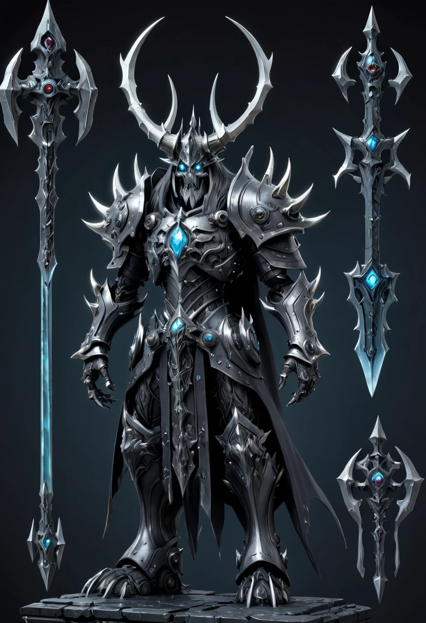 (character design sheet:1.5),Demonic battlefield,Mechanical Lich King,The Lich King's future weapons,Mechanical structure,High-tech equipment,magical creatures,three sided view, figure, Reference table, gothic art, ultra high definition, retina, masterpiece, 1080p, 16k, Award-winning