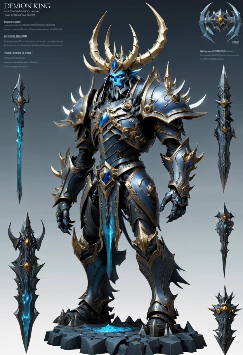 (character design sheet:1.5)，Demonic battlefield，Mechanical Lich King，The Lich King&#39;s future weapons，Mechanical structure，High-tech equipment，magical creatures，three sided view, figure, Reference table, gothic art, ultra high definition, retina, masterpiece, 1080p, 16k, Award-winning