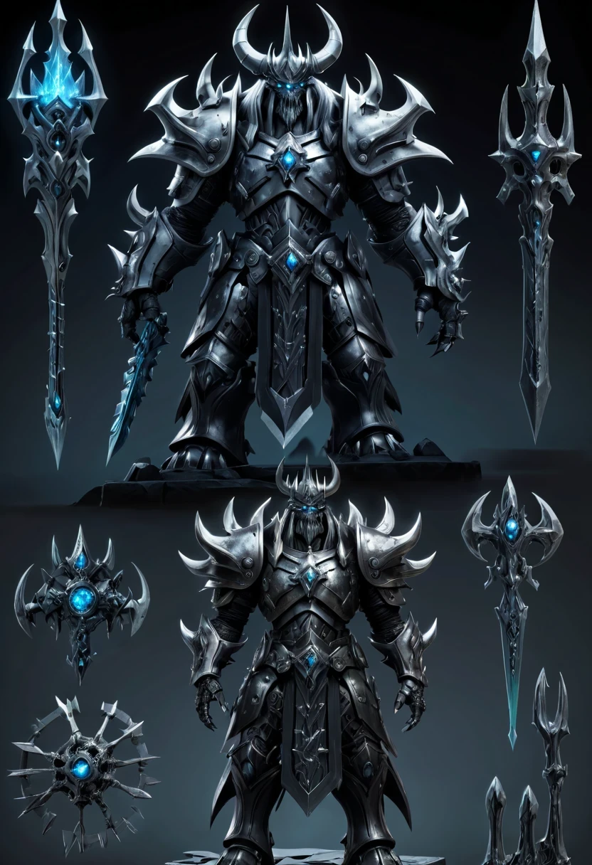 (character design sheet:1.5)，Demonic battlefield，Mechanical Lich King，The Lich King&#39;s future weapons，Mechanical structure，High-tech equipment，magical creatures，three sided view, figure, Reference table, gothic art, ultra high definition, retina, masterpiece, 1080p, 16k, Award-winning