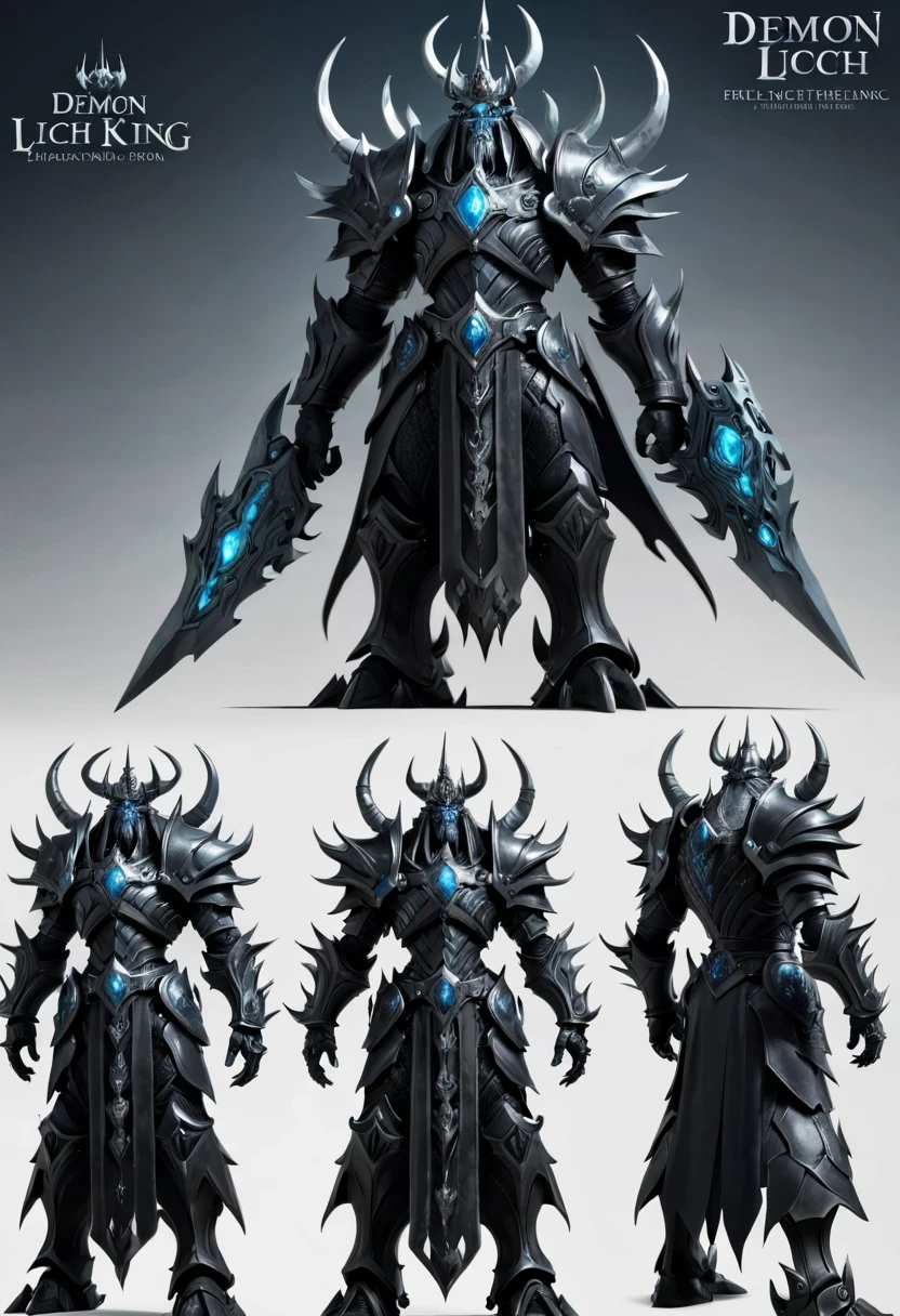 (character design sheet:1.5)，Demonic battlefield，Mechanical Lich King，The Lich King&#39;s future weapons，Mechanical structure，High-tech equipment，magical creatures，three sided view, figure, Reference table, gothic art, ultra high definition, retina, masterpiece, 1080p, 16k, Award-winning