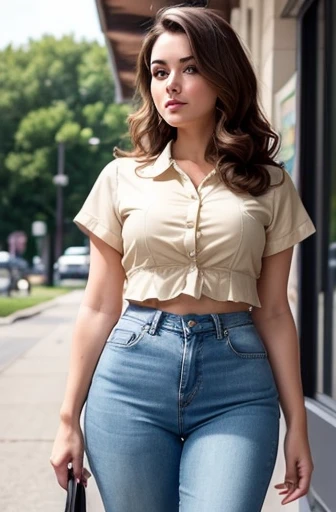 (((Masterpiece))), a pretty 21 year old female, top quality, super detailed, cute and adorable, retro 60's style, fair skin, short wavy brown hair, cream color button up crop top transparent, high waist jeans, college campus background, perfectly centered photo