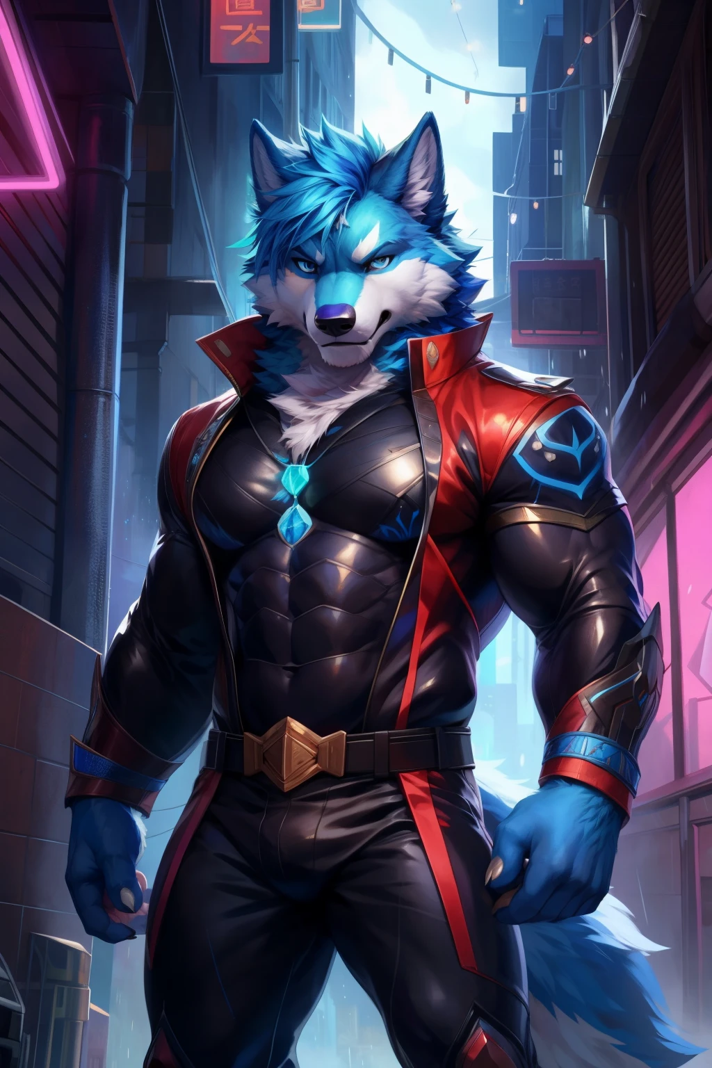 solo,anthro,furry,furry male, Wolf, ((fluffy fur,fluffy,furry body)), (Blue fur, ancient Wolf print), (blue body), Blue mohawk, blue eyes, short messy hair, tail, blue hair, sky blue eyes, detailed fluffy fur, Black Bodysuit, detailed face, detailed eyes, dark blue pants, blue trimming, blackbodysuit, crest, crystal, blue pendant, detailed clothes, torn, detailed black bodysuit, decorative belt, gold straps, white muzzle, full body, muscular, (by null-ghost, by racoon21, masterpiece, high quality,hi-res,8k had), standing,close-view portrait, looking at viewer, outdoors, lights, furious expression, furious, dark shadows, neon city, pose, rain, alleyway
