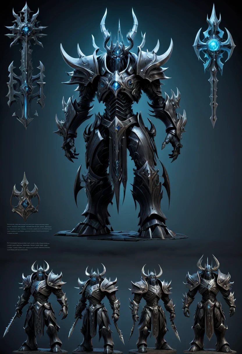 (character design sheet:1.5)，Demonic battlefield，Mechanical Lich King，The Lich King&#39;s future weapons，Mechanical structure，High-tech equipment，magical creatures，three sided view, figure, Reference table, gothic art, ultra high definition, retina, masterpiece, 1080p, 16k, Award-winning