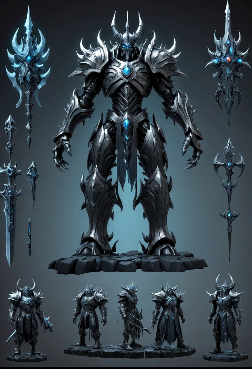 (character design sheet:1.5)，Demonic battlefield，Mechanical Lich King，The Lich King&#39;s future weapons，Mechanical structure，High-tech equipment，magical creatures，three sided view, figure, Reference table, gothic art, ultra high definition, retina, masterpiece, 1080p, 16k, Award-winning