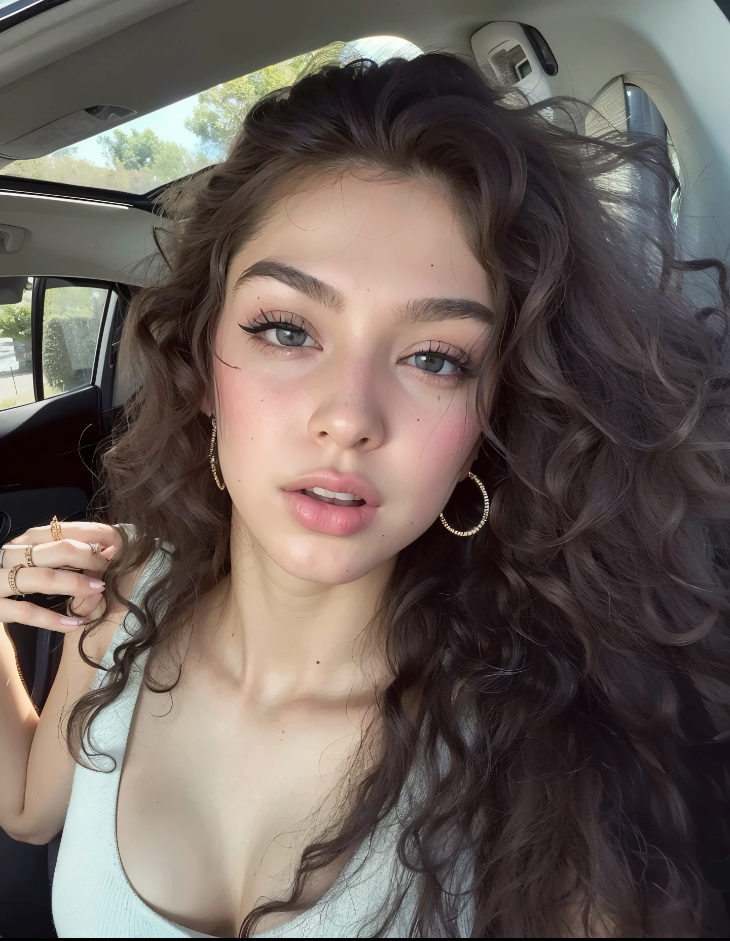 mulher arafed com longos cabelos cacheados sentada em um carro, Retrato de Sophie Mudd, 18 anos de idade, messy curly hair, Kailee Mandel, Violeta Myers, sem maquiagem cabelos ondulados, long messy curly hair,  de 19 anos, cabelos cacheados, 2 modelo feminino de 4 anos, Charli Bowater, ela tem cerca de 2 0 anos